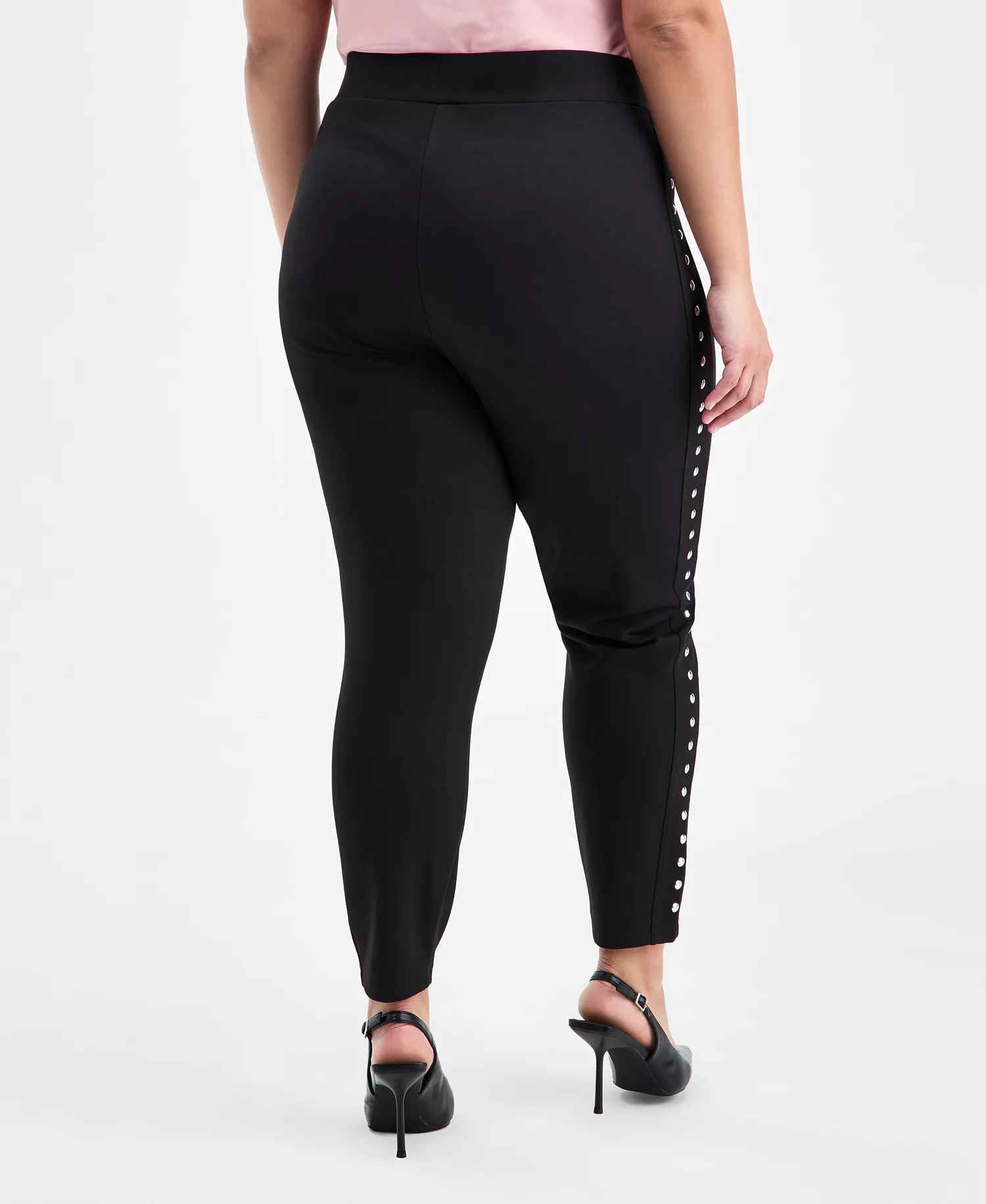 Trendy Plus Size Studded Pull-On Bodycon Leggings - Black - 0X