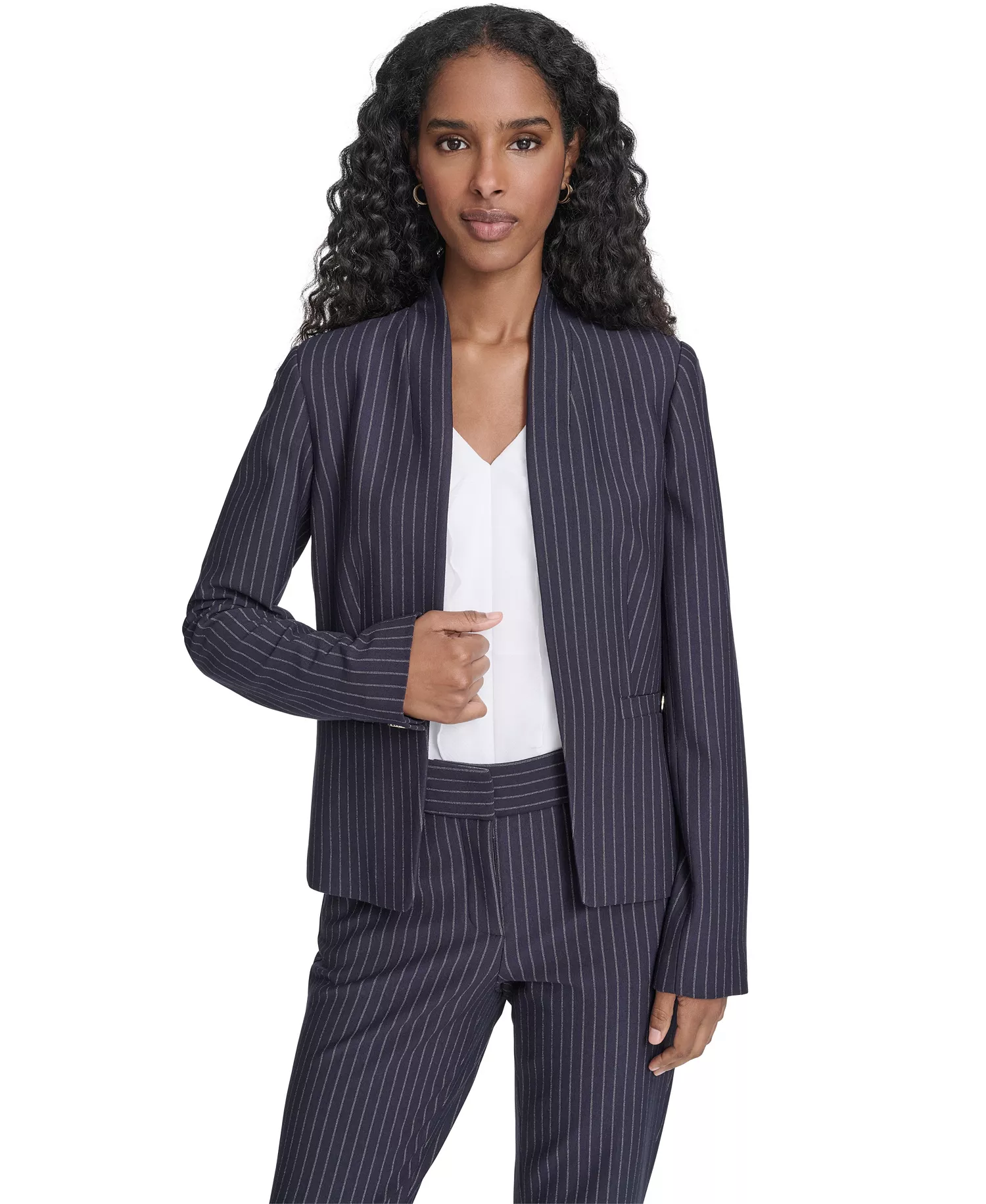 Women's Open Front Jacket, Sutton Pants and Contrast Trim Button Up Blouse - Midnight/ Khaki - 0