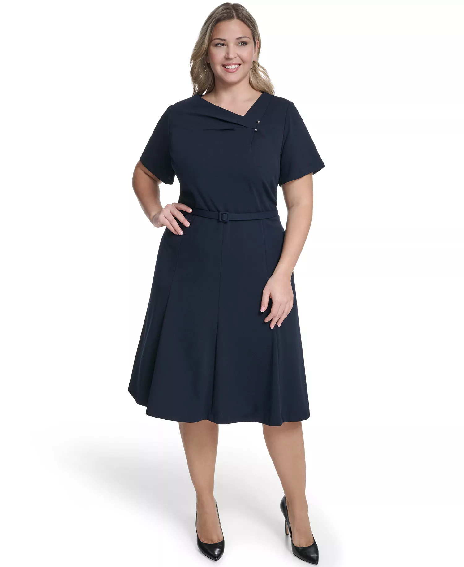 Plus Size Asymmetrical Neck A-Line Midi Dress - Indigo - 14W