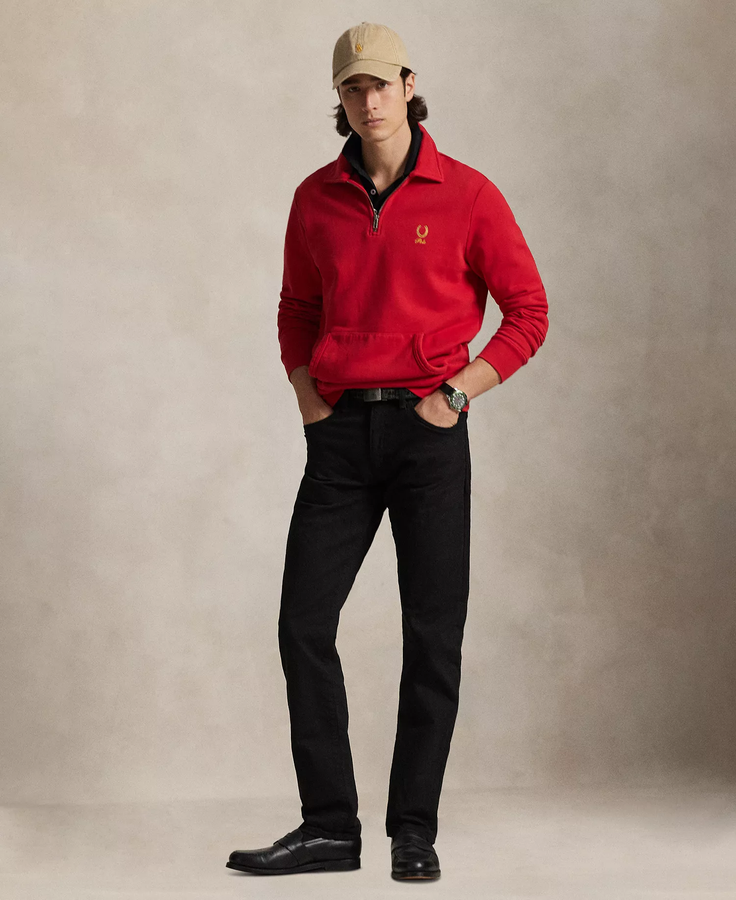 Men's Long-Sleeve Collared Sweatshirt - Red - L