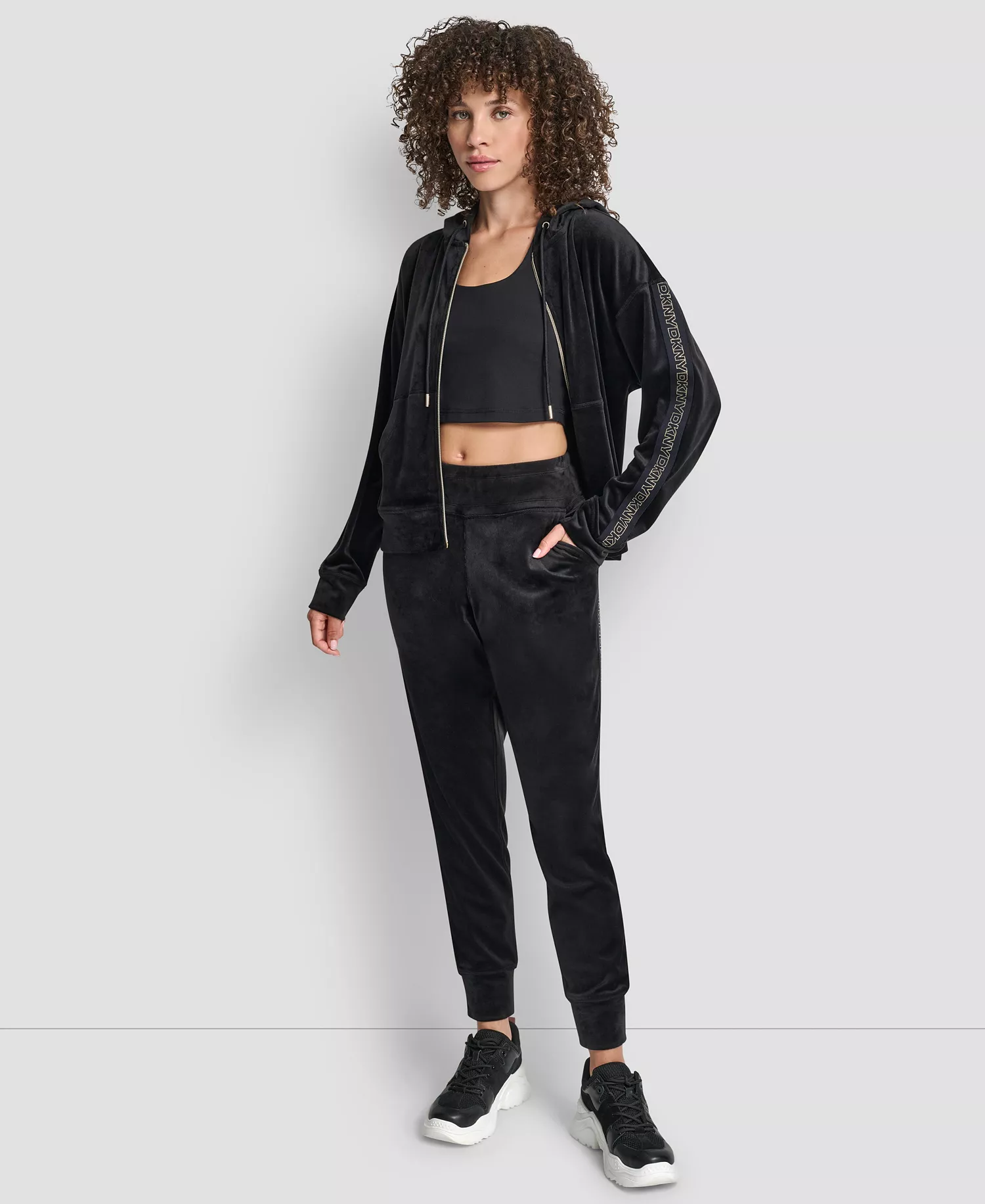 Women's Metallic Super Soft Velour Logo Elastic Full Zip Hoodie - Black/Light Gold - M