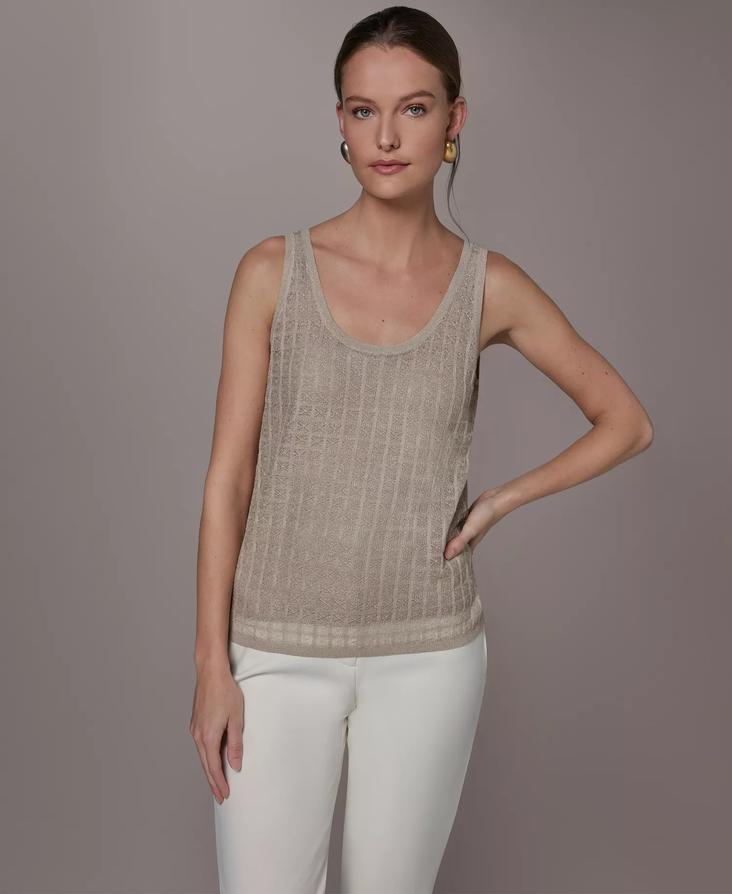 Women's Grid Pattern Sleeveless Sweater - Tuscan Gray - L