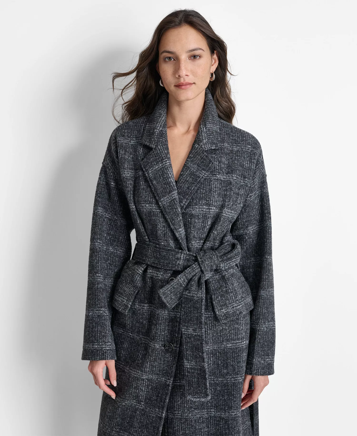 Women's Belted Long-Sleeve Robe Coat - Black green plaid - L