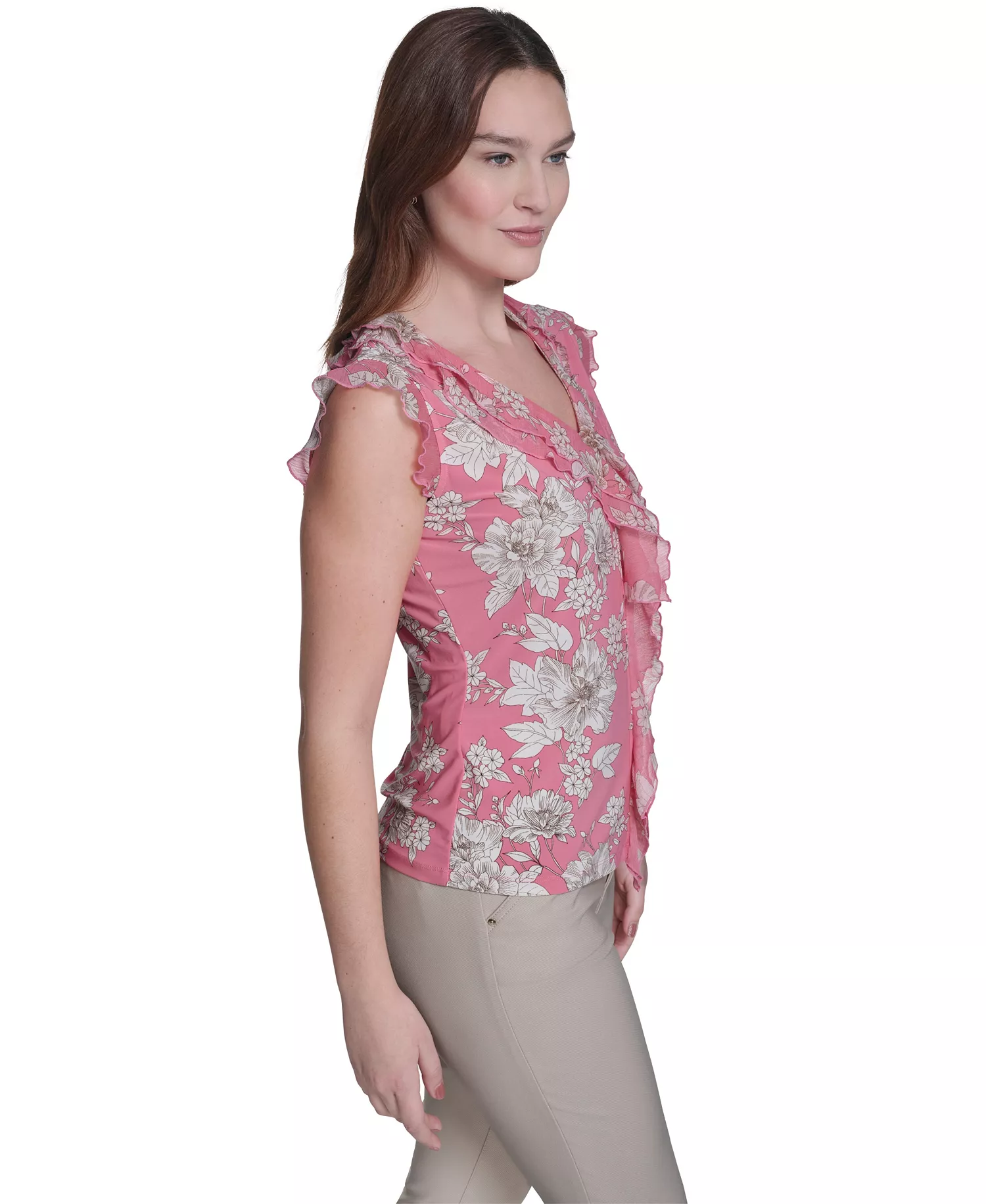 Women's Floral Mixed Media V-Neck Top - Pink Tulip Multi - L