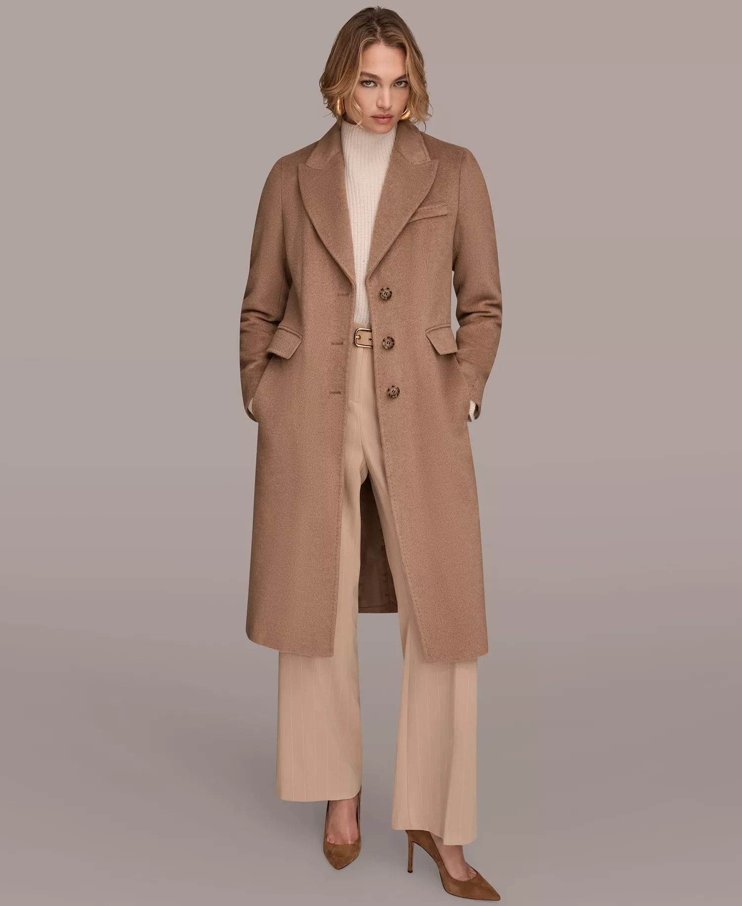 Women's Single-Breasted Stitch Trimmed Coat - Camel - L