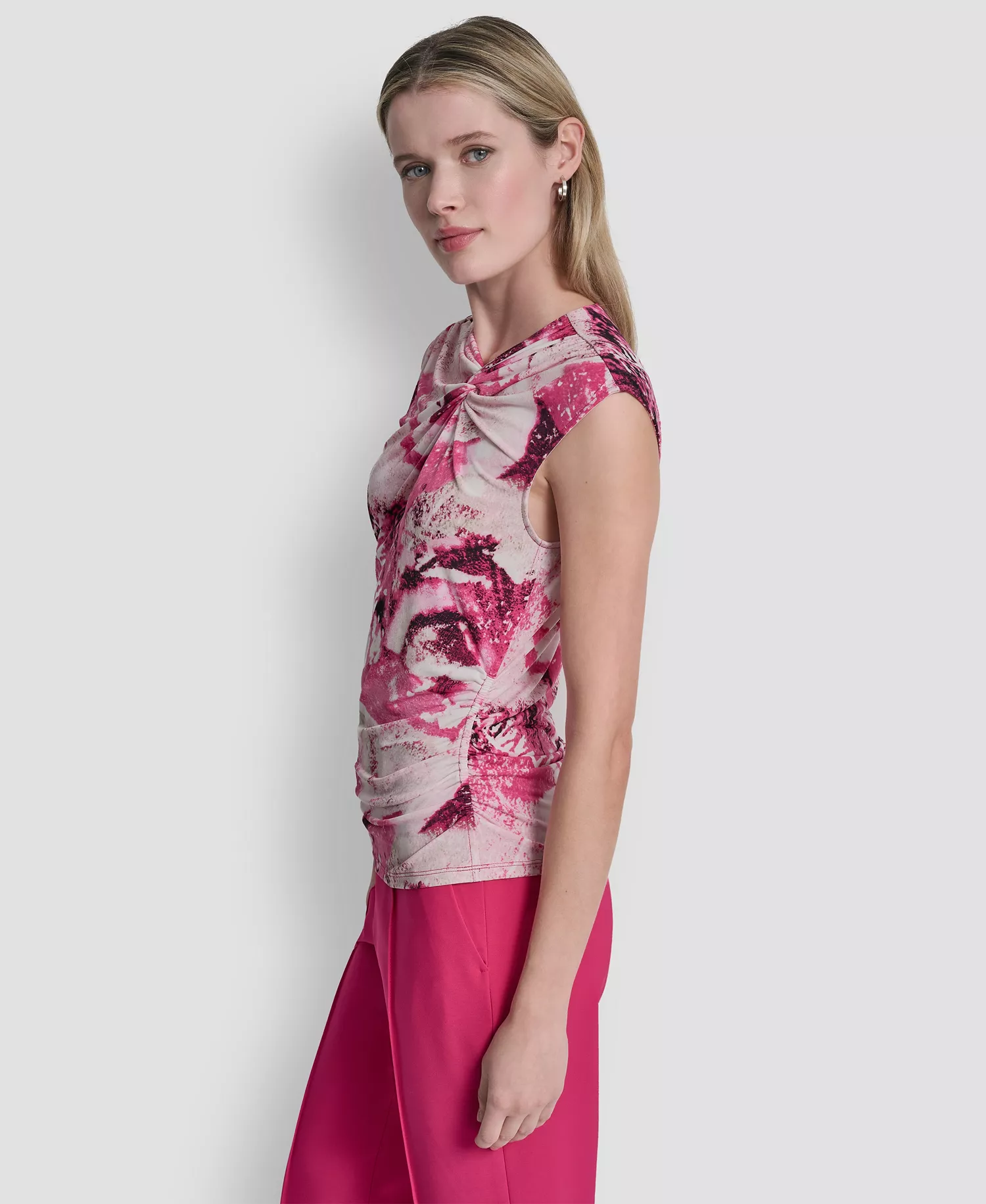 Women's Asymmetric Neck Cap-Sleeve Top - Hot Pink/Pebble Multi - L