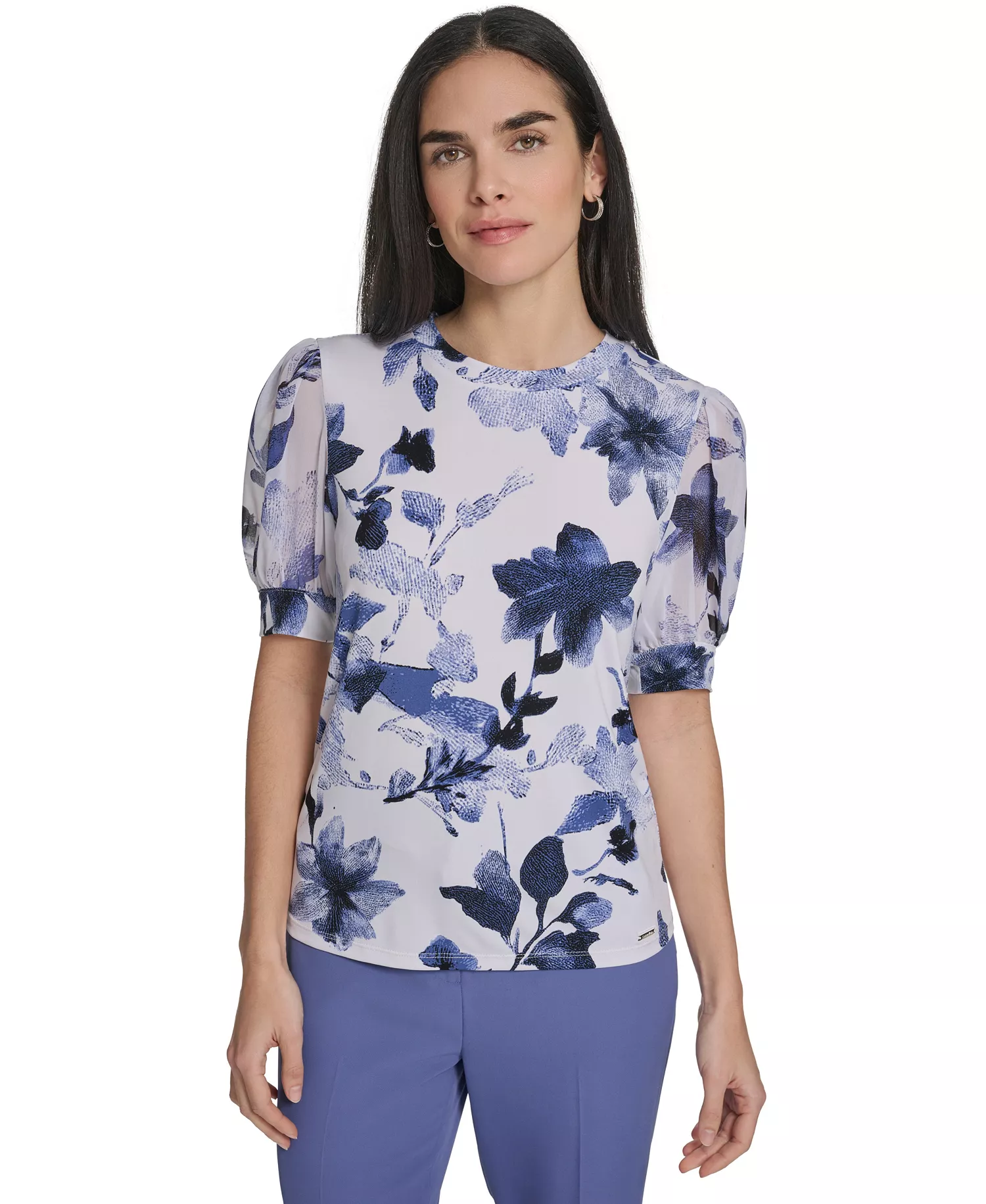 Women's Mixed Media Floral Short-Sleeve Top - Future Dusk Multi - S