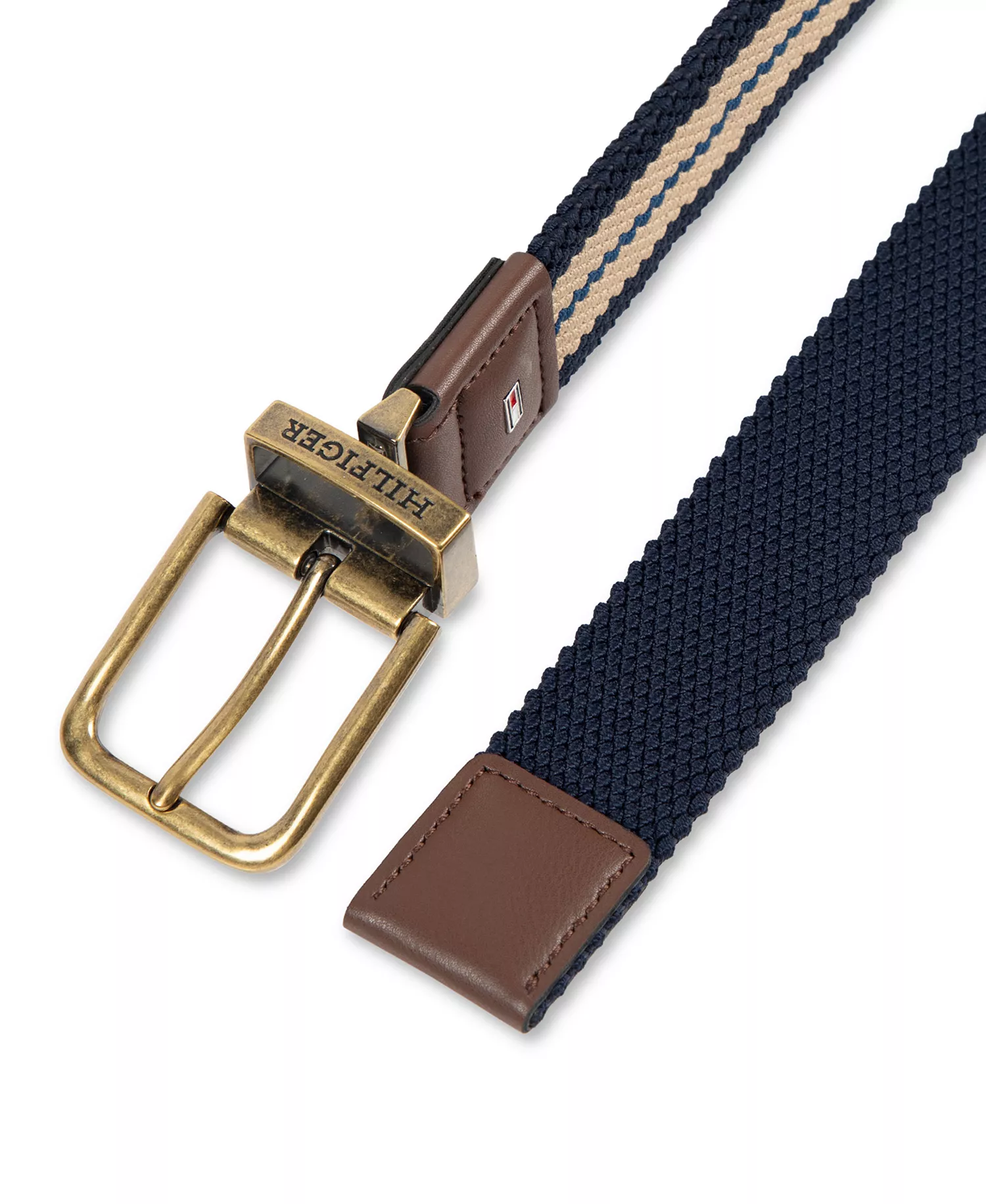 Men's Two-In-One Reversible Striped Stretch Cord Belt - Tan/Navy - L (38-40)