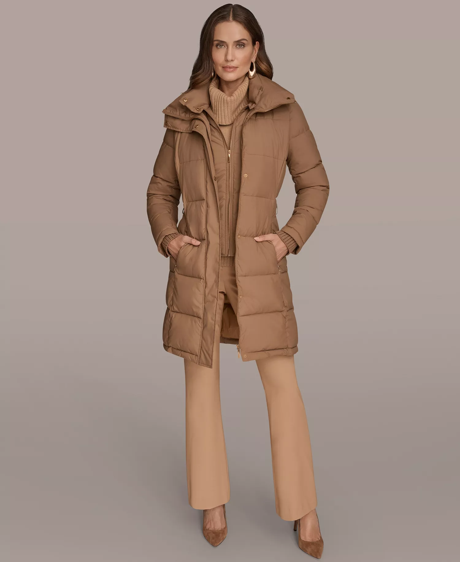 Women's Belted Bibbed Puffer Coat - Antiq gold - L