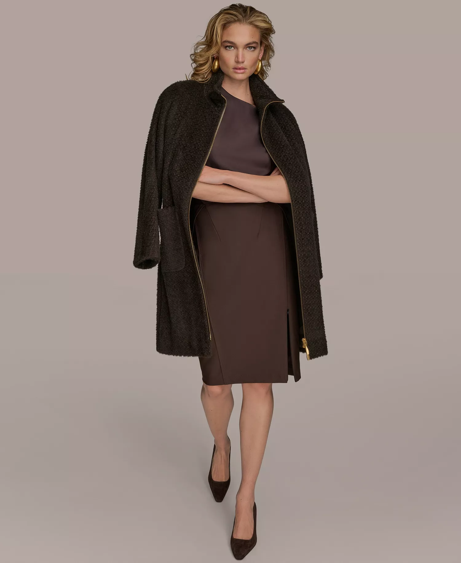 Women's Zip Front High Collared Coat - Chocolate - L