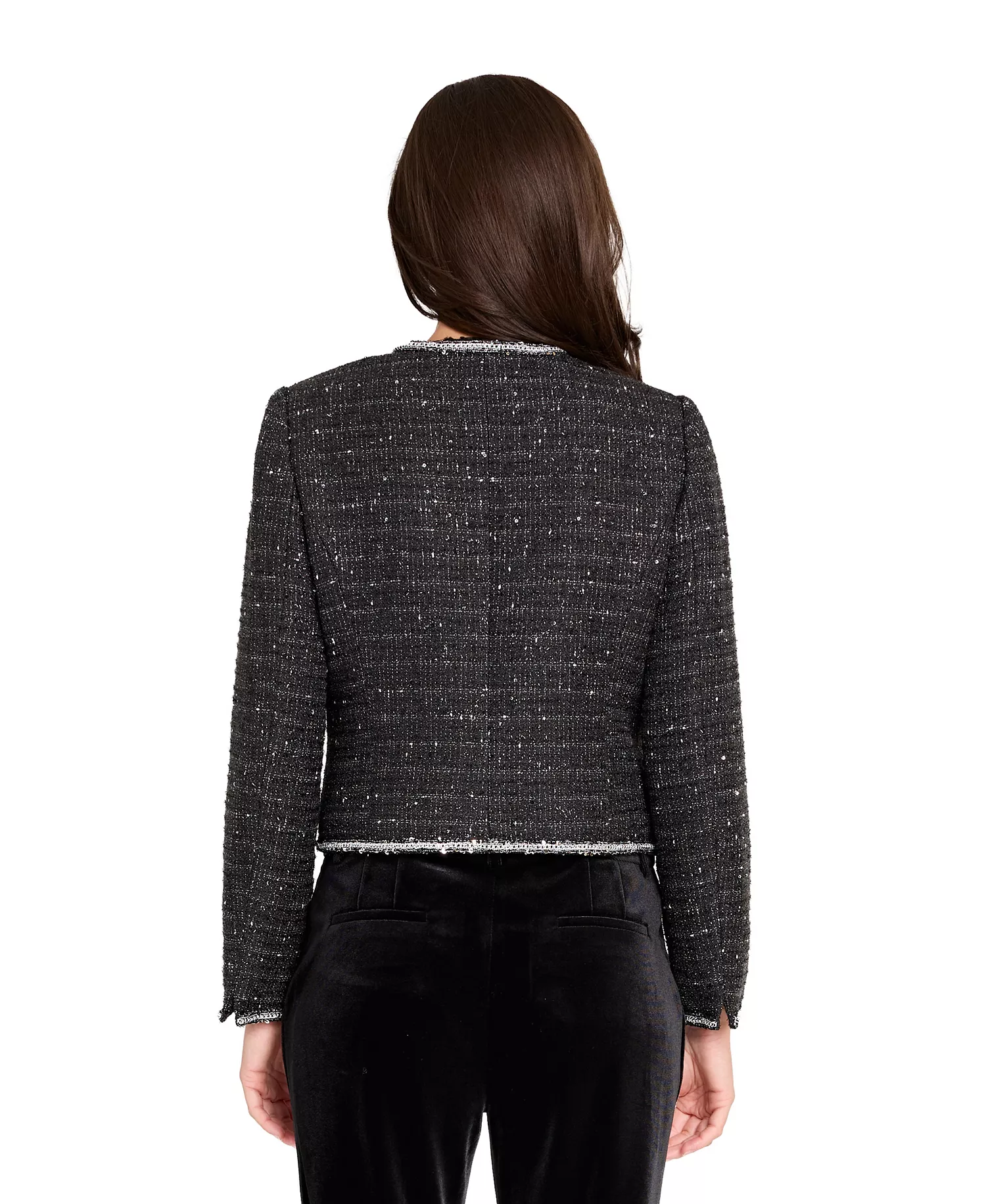 Women's Crewneck Hook & Eye Rhinestone Embellished Jacket - Black Silver - 10