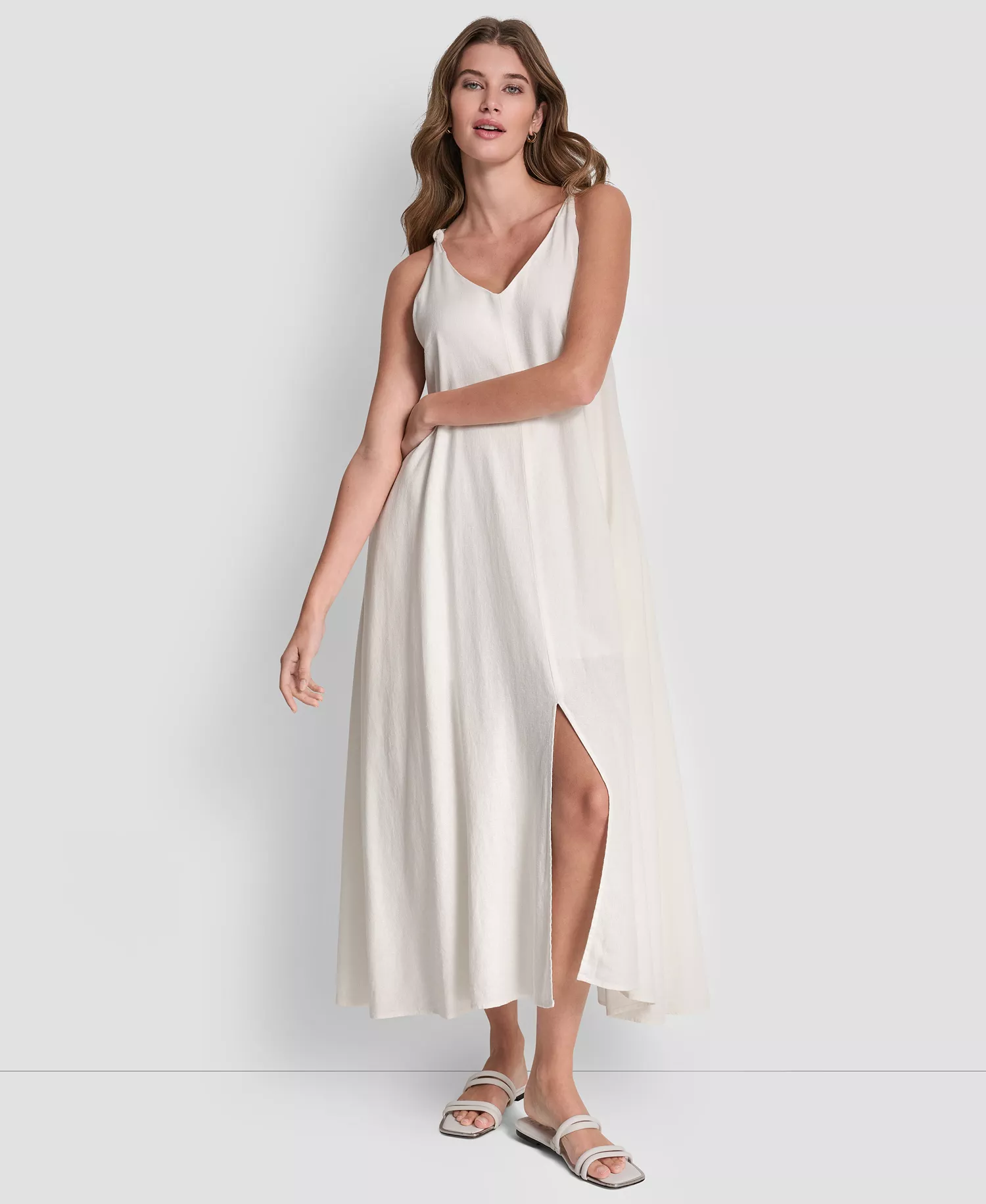 Women's Knotted Strap V-Neck A-Line Dress - Ivory - L