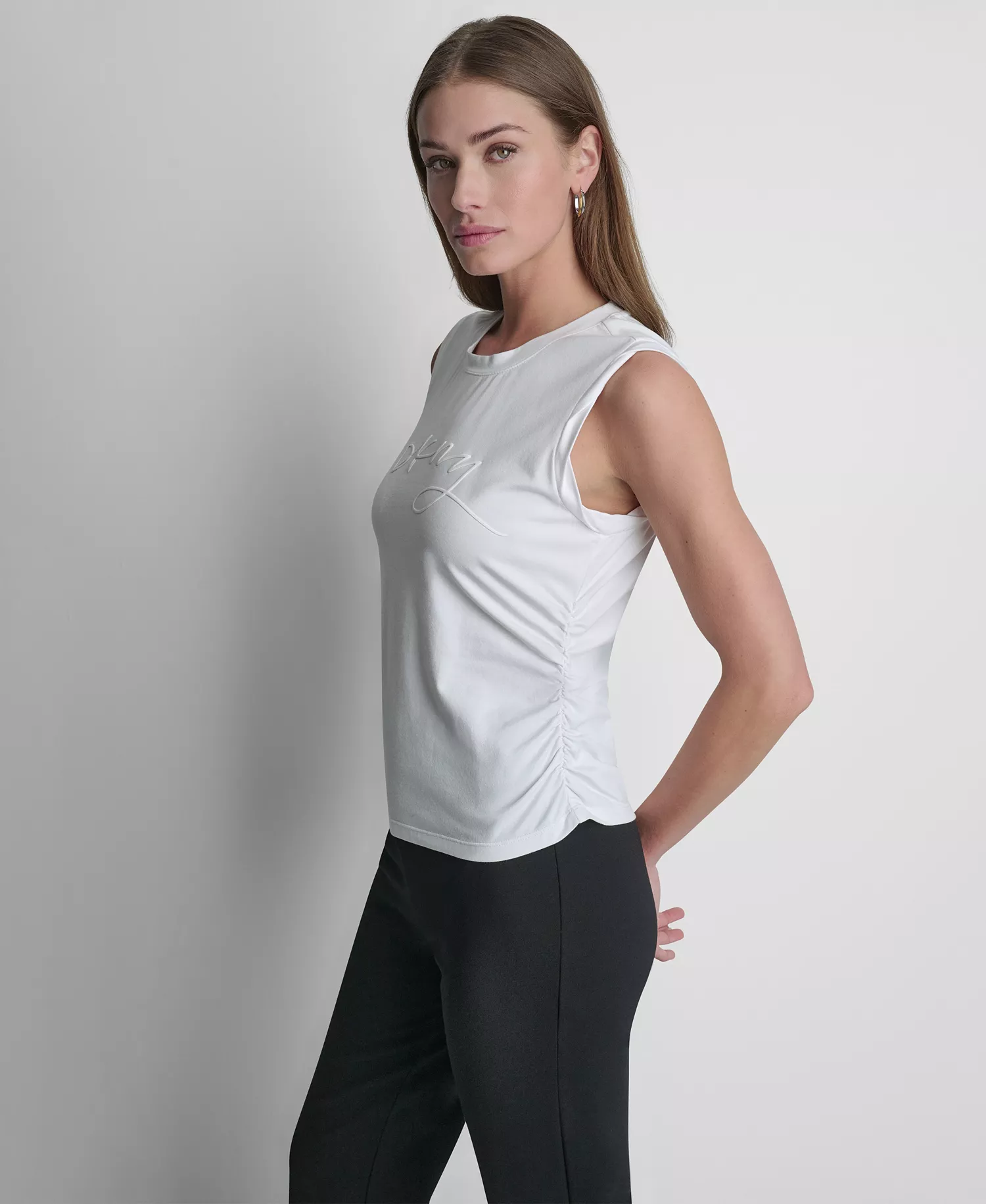 Women's Script Logo Side-Ruched Tank Top - White - L