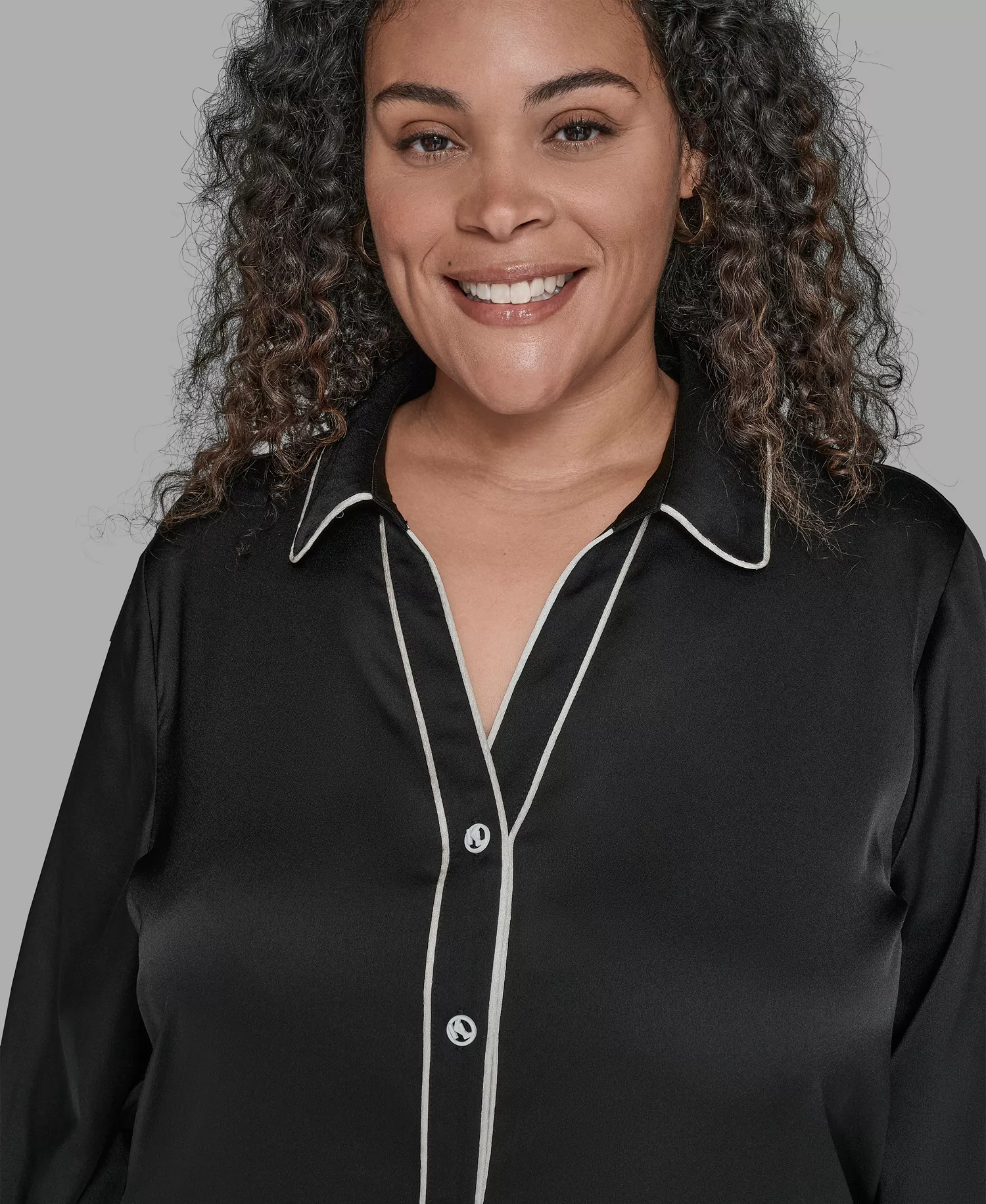 KARL LAGERFIELD PARIS Plus Size Contrast Placket Long Sleeves Blouse - Black - 0X