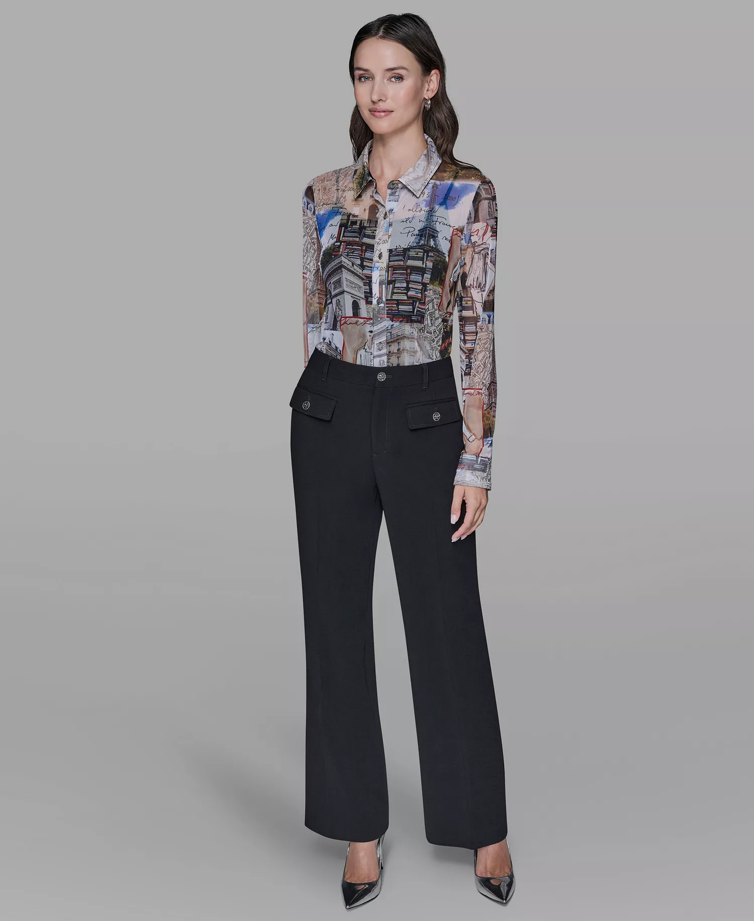 Women's Printed Mesh Long-Sleeve Collared Blouse - Soft White/ Cartouche Multi - L