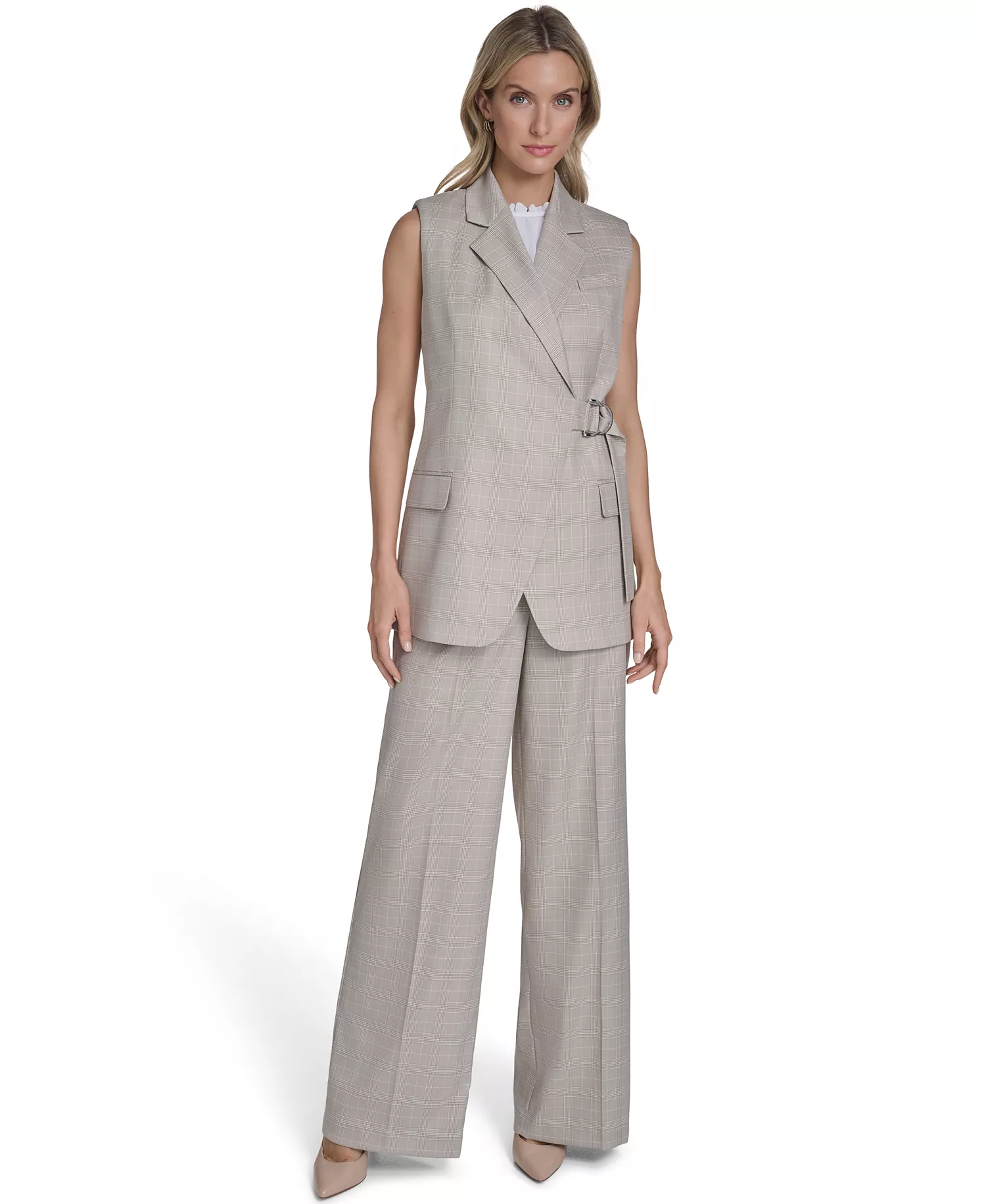 Women's Collared Windowpane Vest Top - Latte Multi - 10