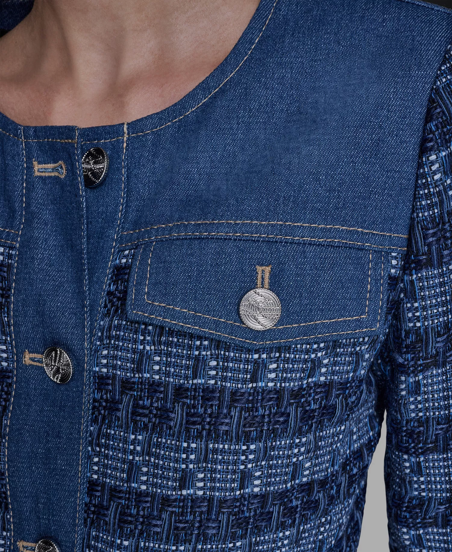 Women's Crewneck Tweed and Denim Jacket - Blue Aura/french Blue Multi - L