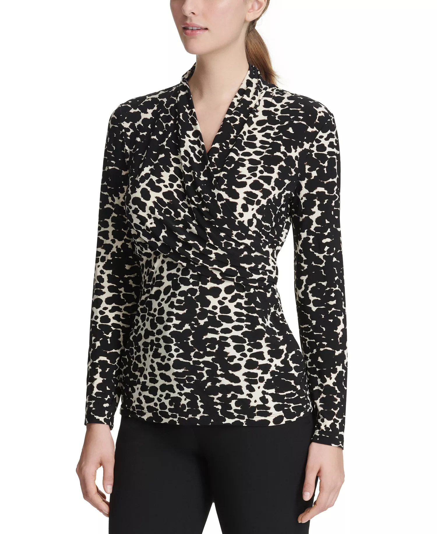 Petite Printed Surplice Top, Created for Macy's - Tan Multi - PL