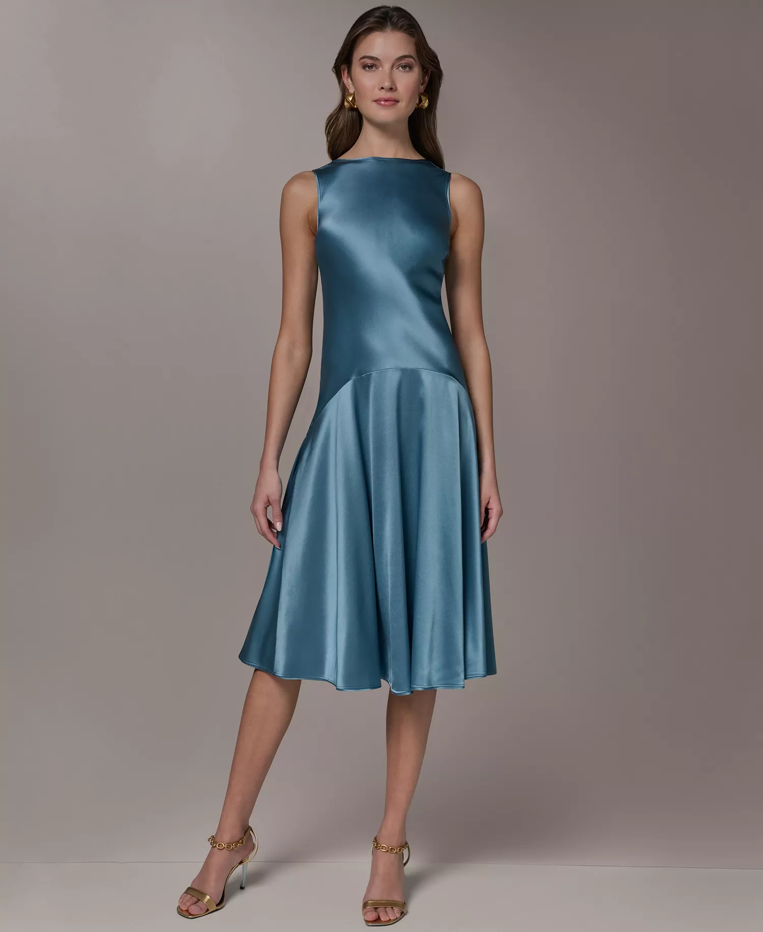 Women's Silk Sleeveless Boat Neck Midi Dress - Washed Indigo - 10