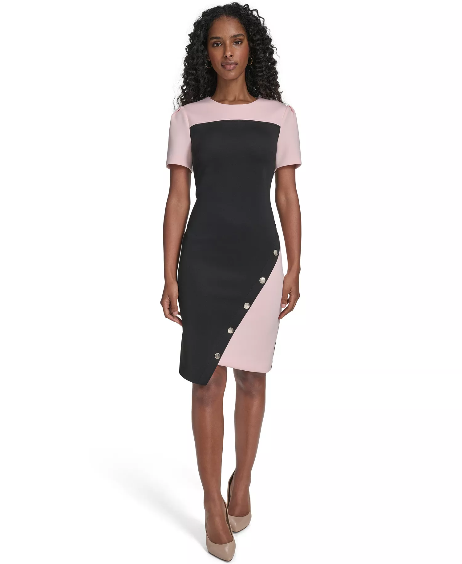 Women's Color-Blocked Asymmetric Scuba Dress - Black/Ballerina Pink - 10
