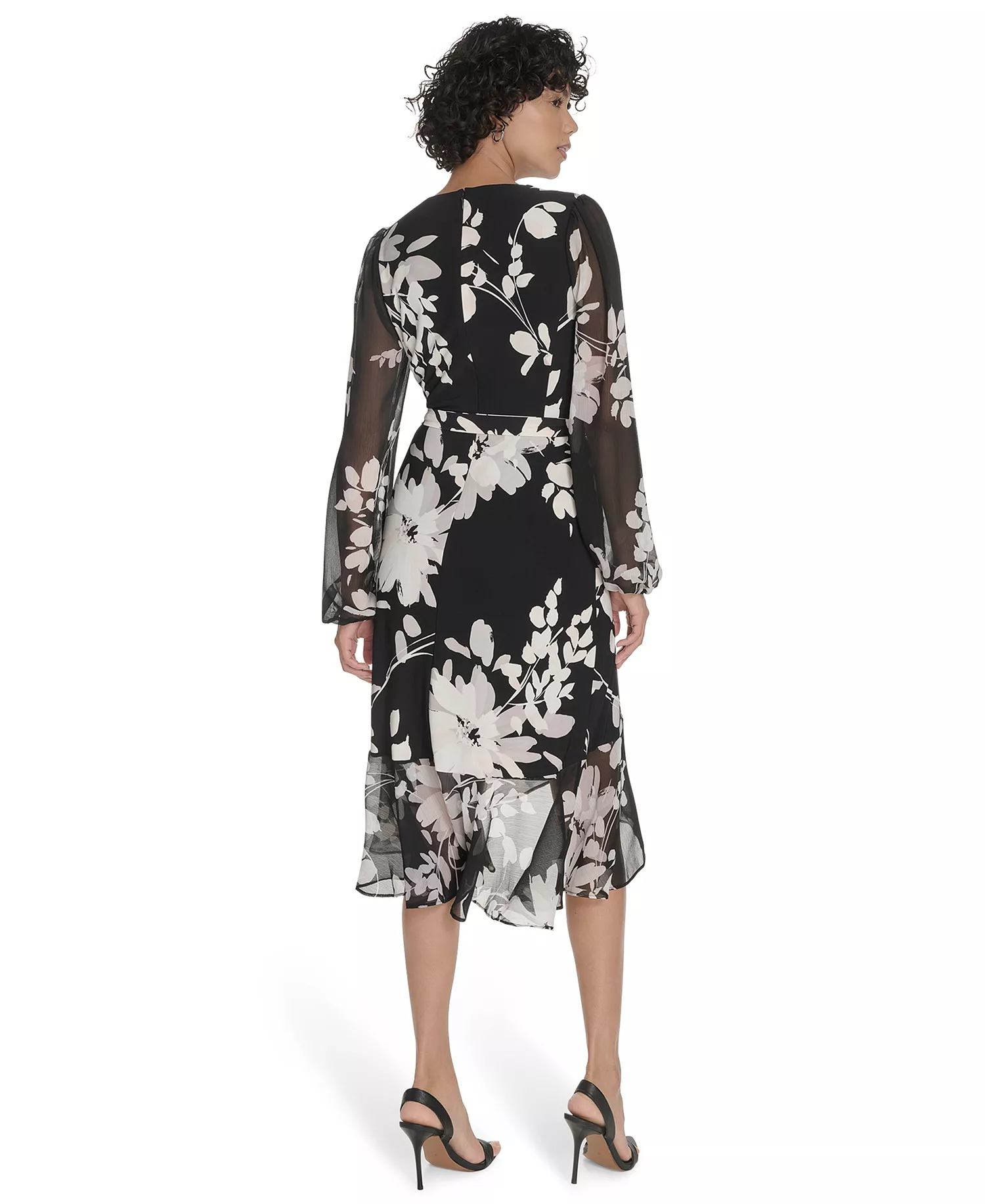 Petite Long-Sleeve Chiffon Combo Midi Dress - Deep Scarlet Multi - 0P