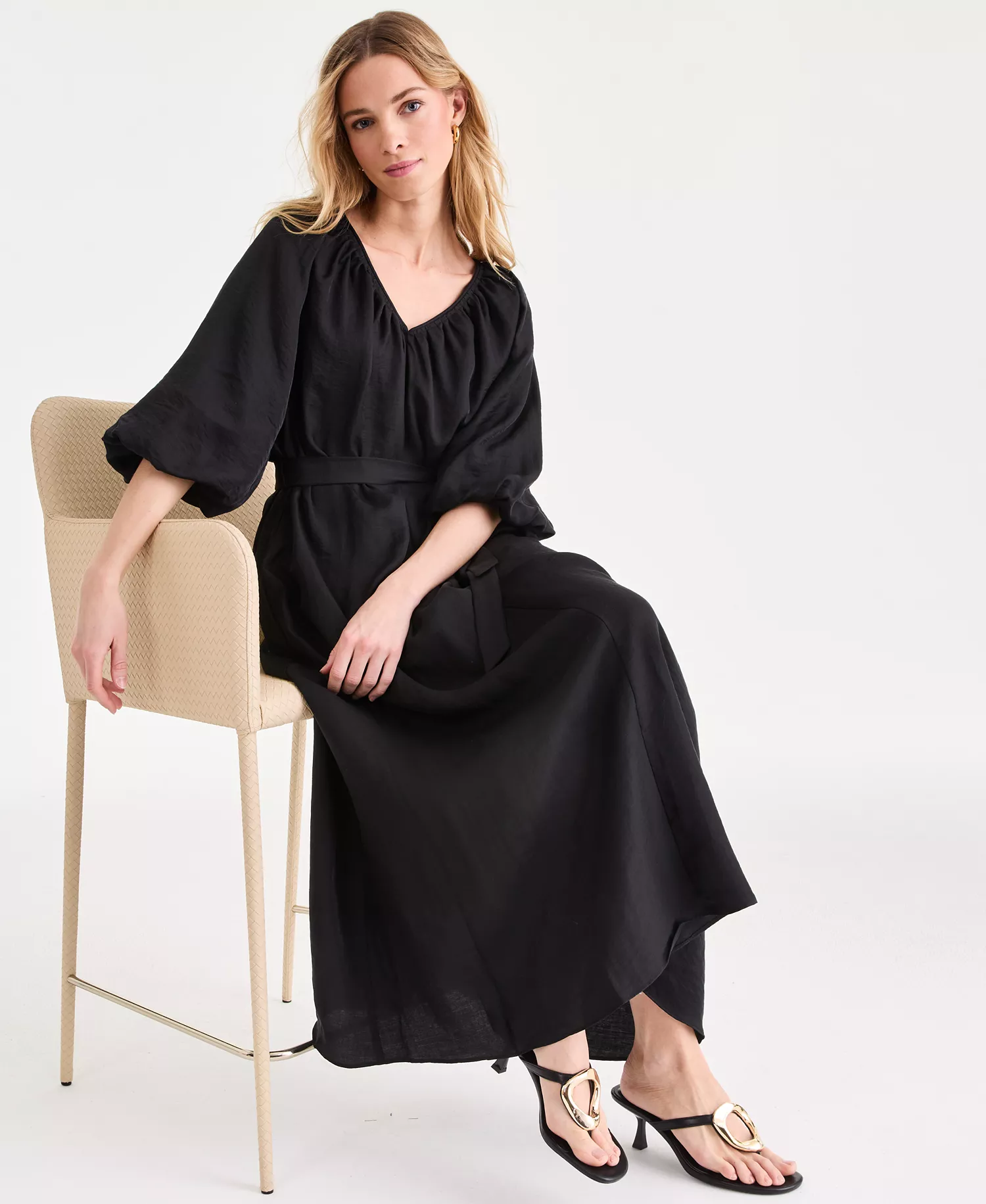 Women's 3/4 Sleeve Tie-Waist Midi Dress, Macy's Exclusive - Deep Black - L