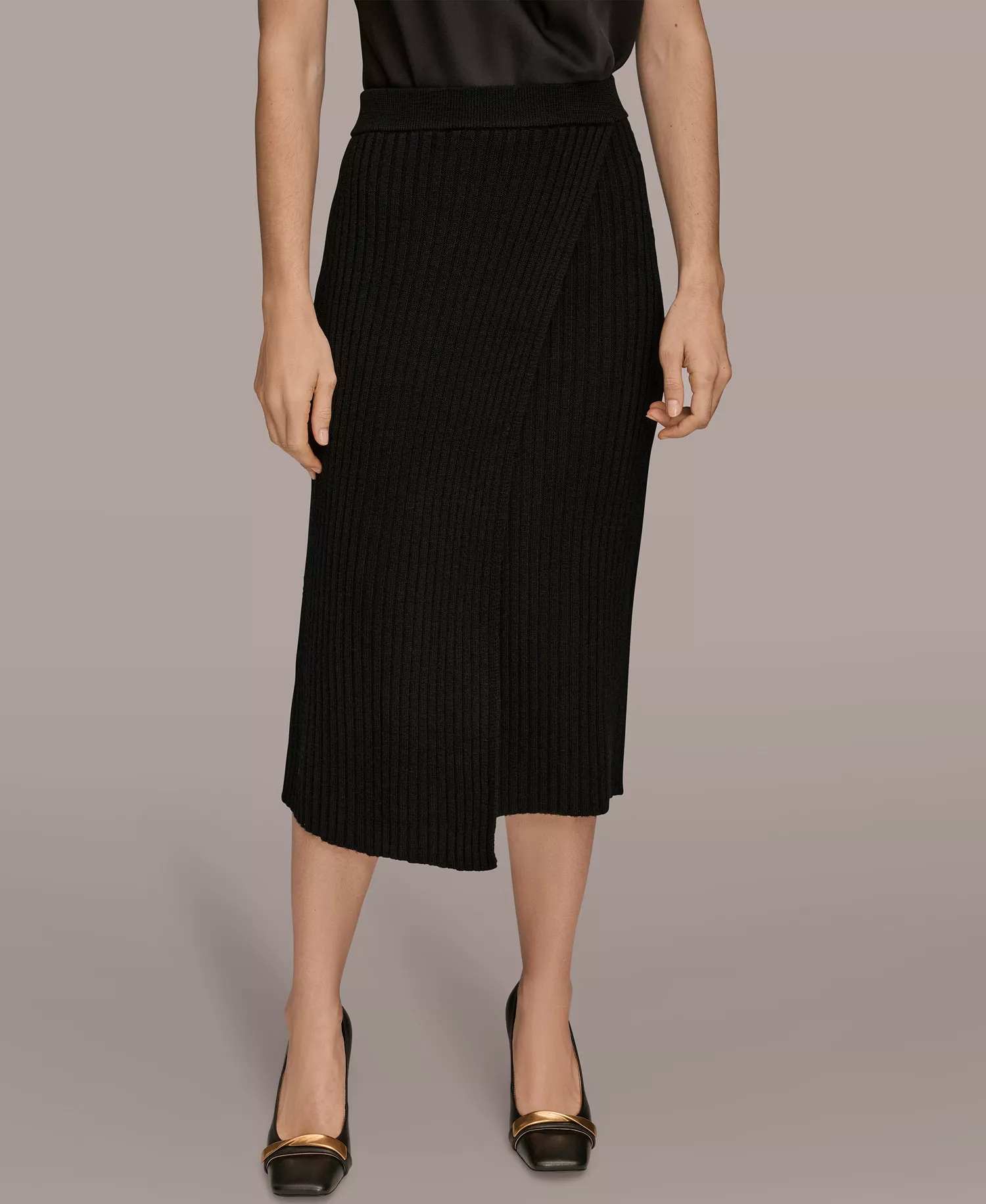 Women's Rib Knit Wrap Midi Skirt - Black - XL