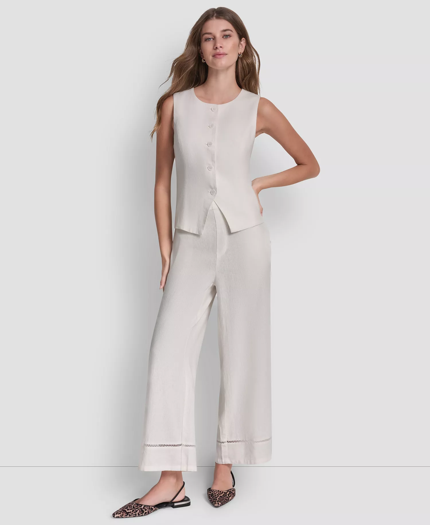 Women's Linen-Blend Crewneck Button-Front Vest - Ivory - L