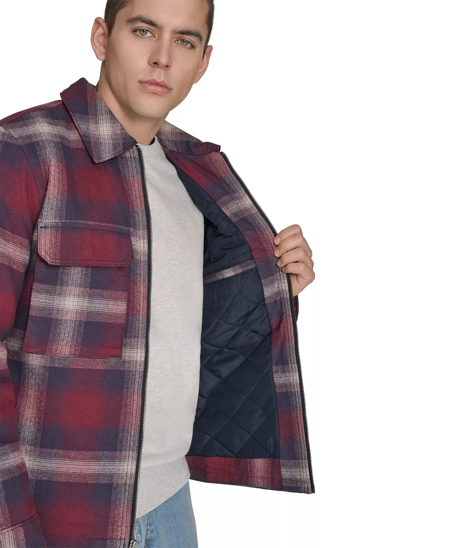Men's Two Pocket Shirt Jacket - Rust Ombre Plaid - 2XL
