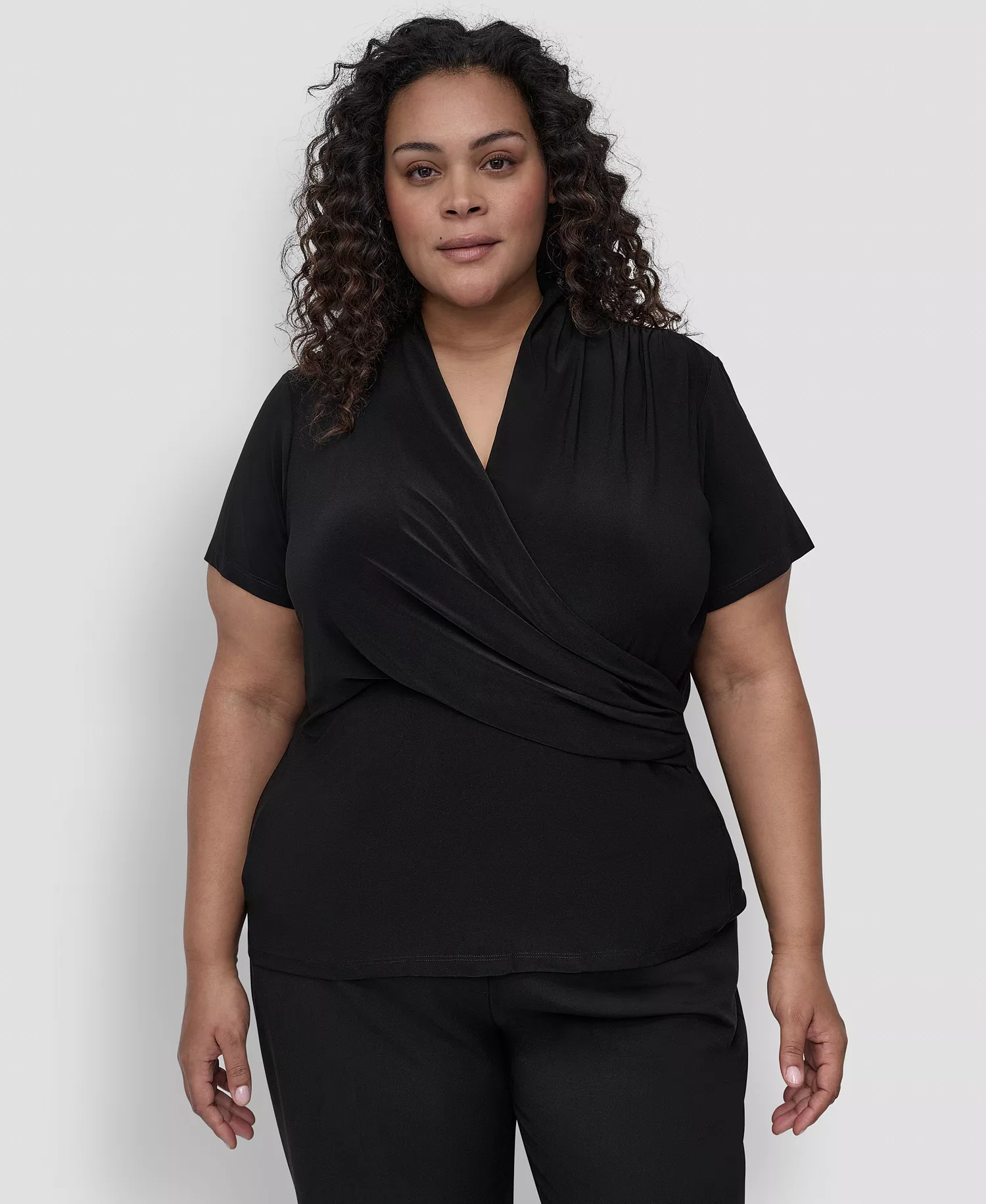 Plus Size Short-Sleeve Faux-Wrap Top - Black - 1X