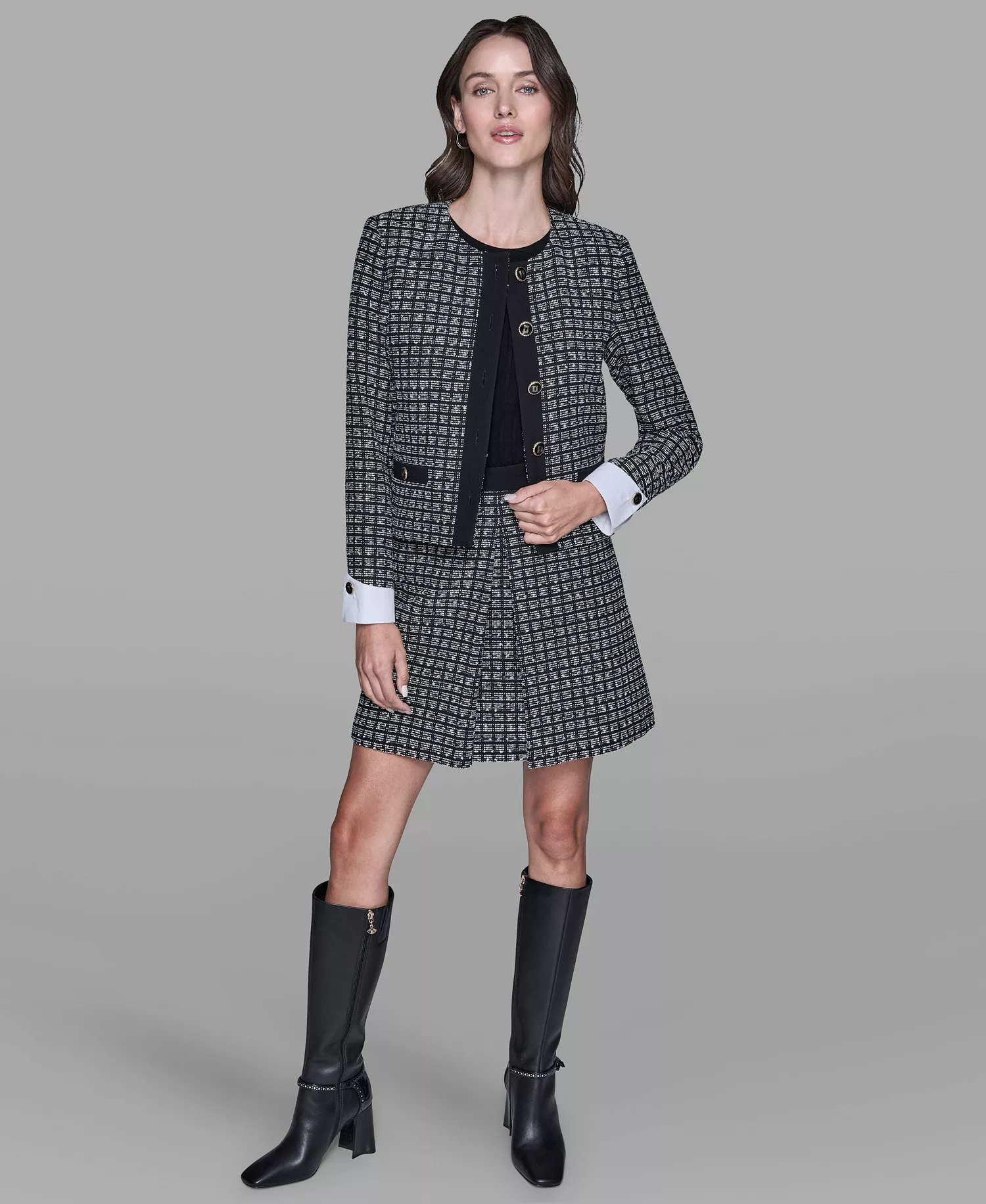 Women's Five-Button Cropped Tweed Jacket - Black/soft White - 0