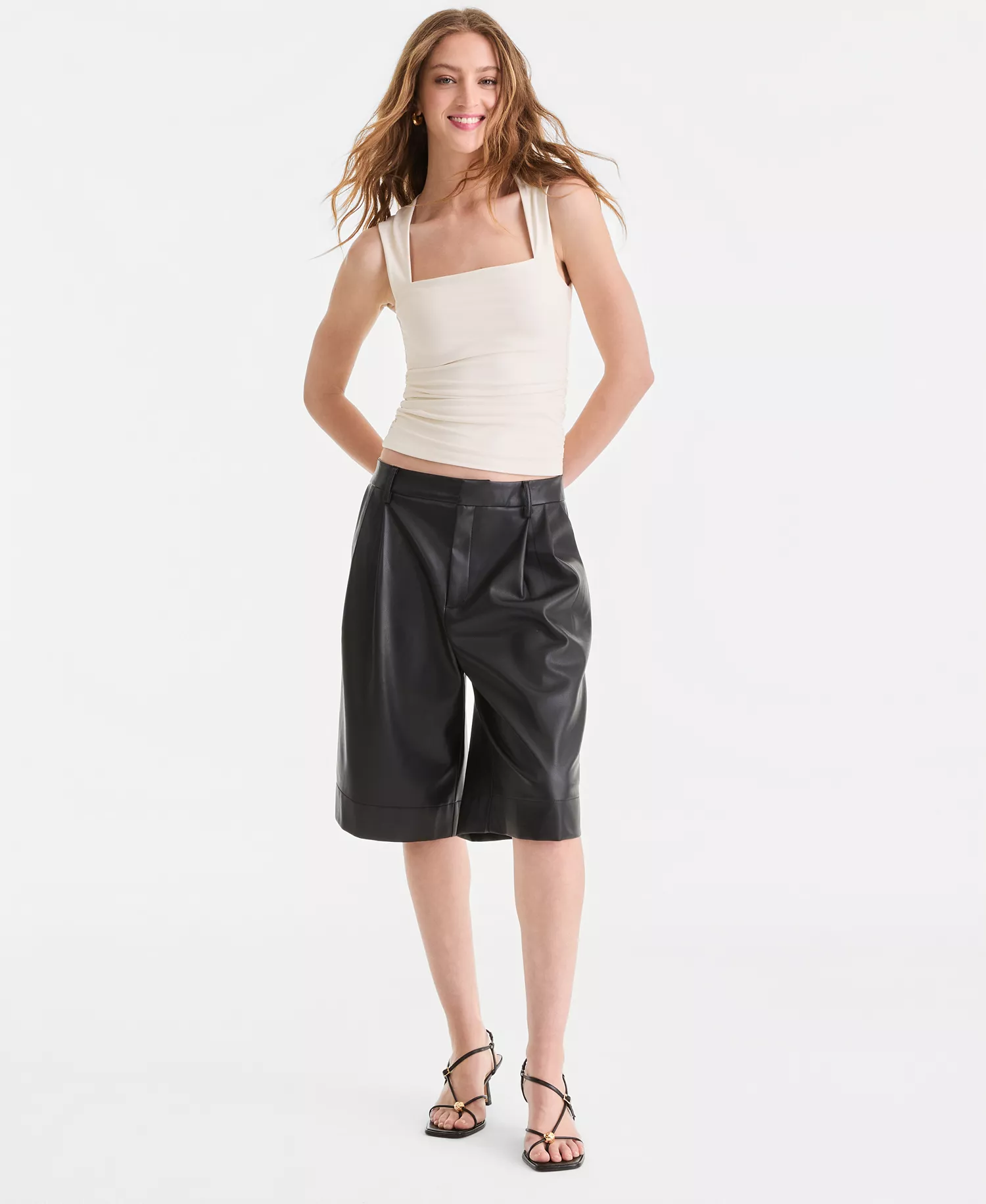 Women's Faux-Leather Pleated Bermuda Shorts, Macy's Exclusive - Deep Black - L