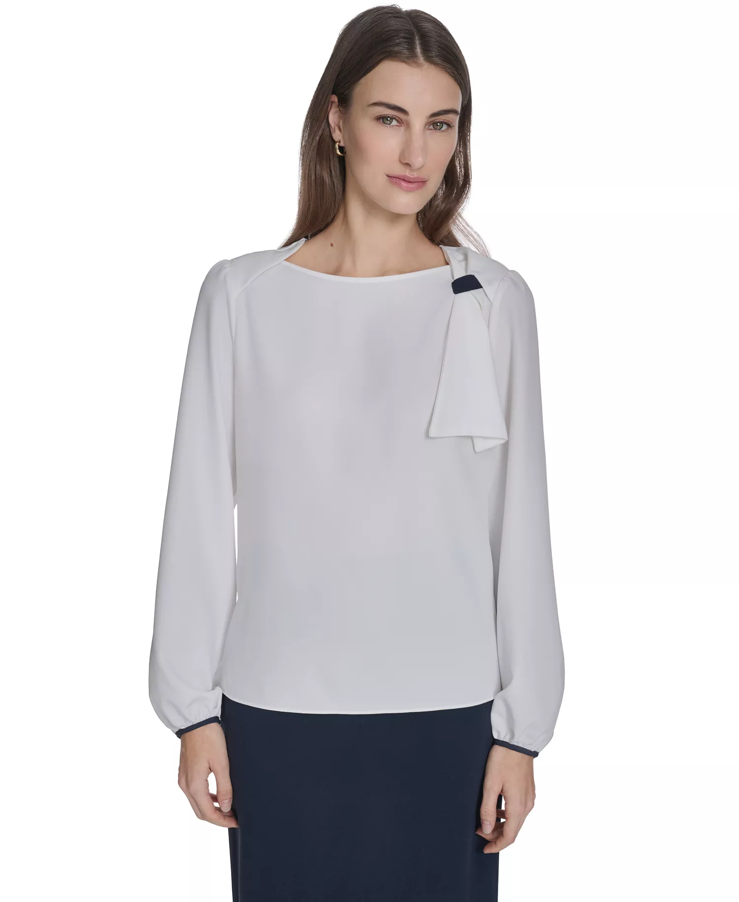 Women's Long-Sleeve Side Tie Top - Ivory/Midnight - L