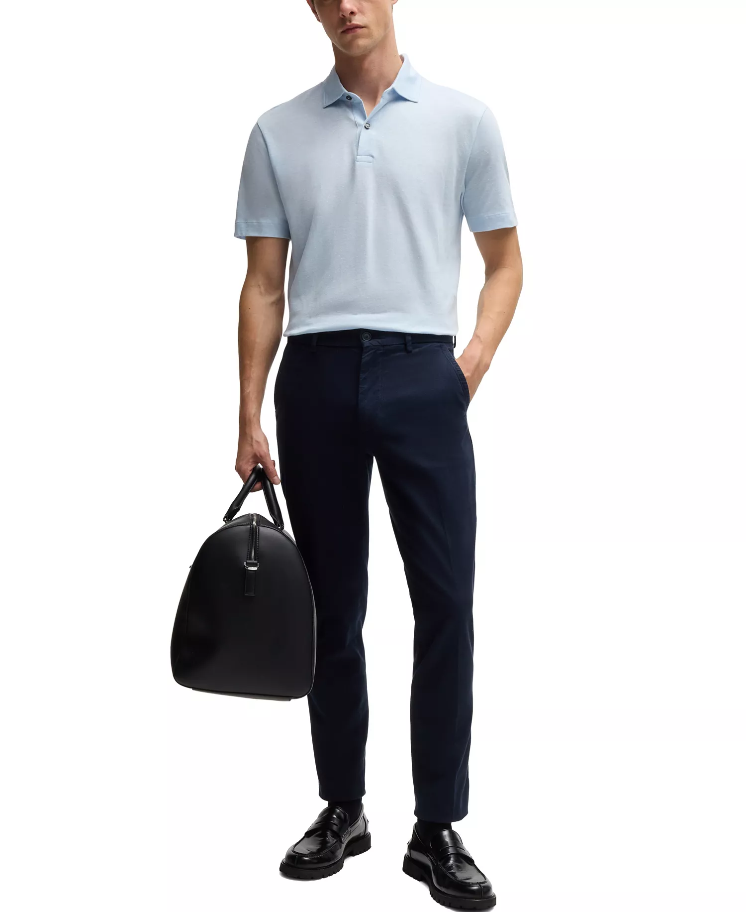 Men's Structured Cotton Blend Slim-Fit Trousers - Dark Blue - 34R