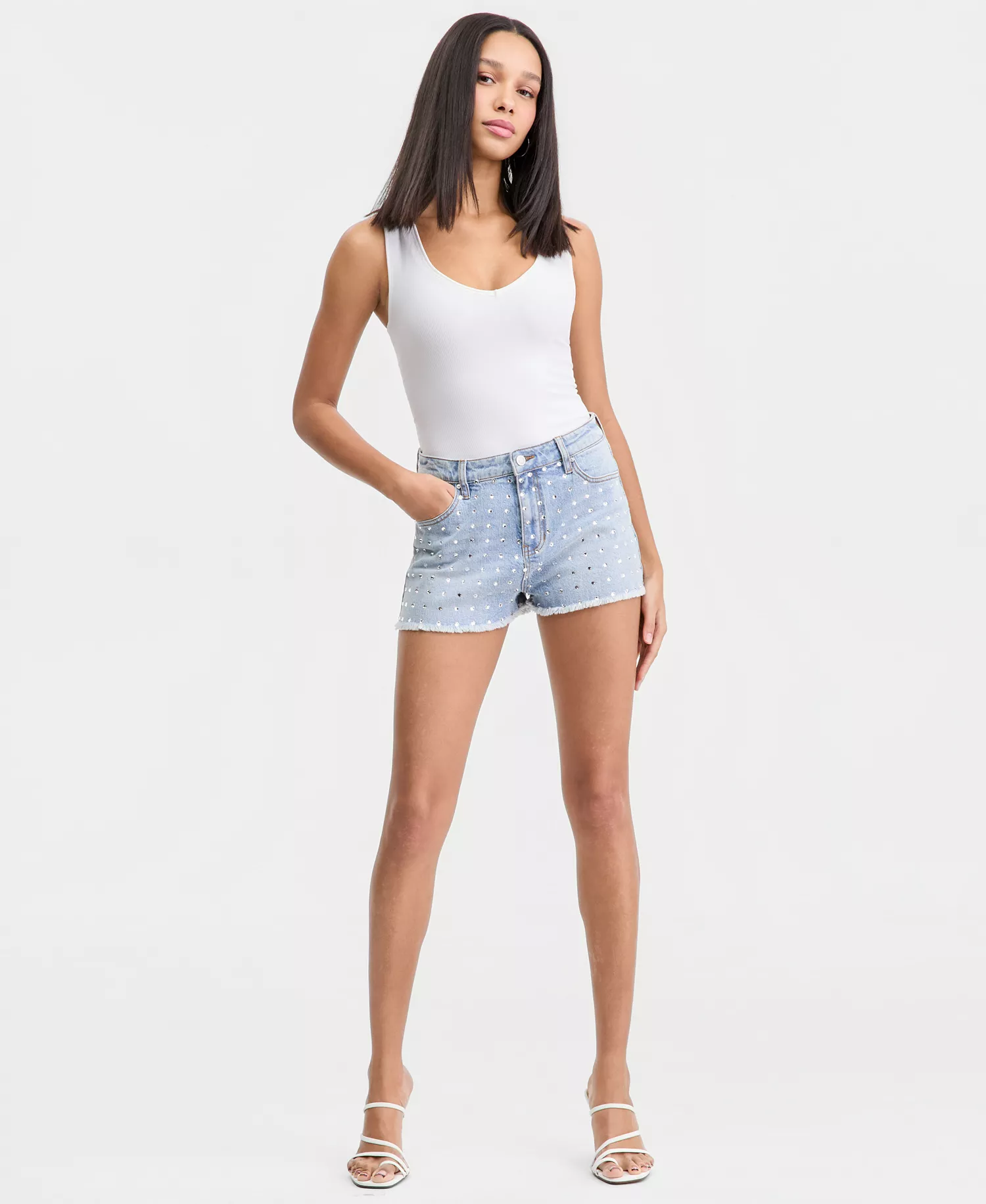 Women's Rhinestone Embellished High-Rise Denim Shorts, Macy's Exclusive - Light Wash - 0