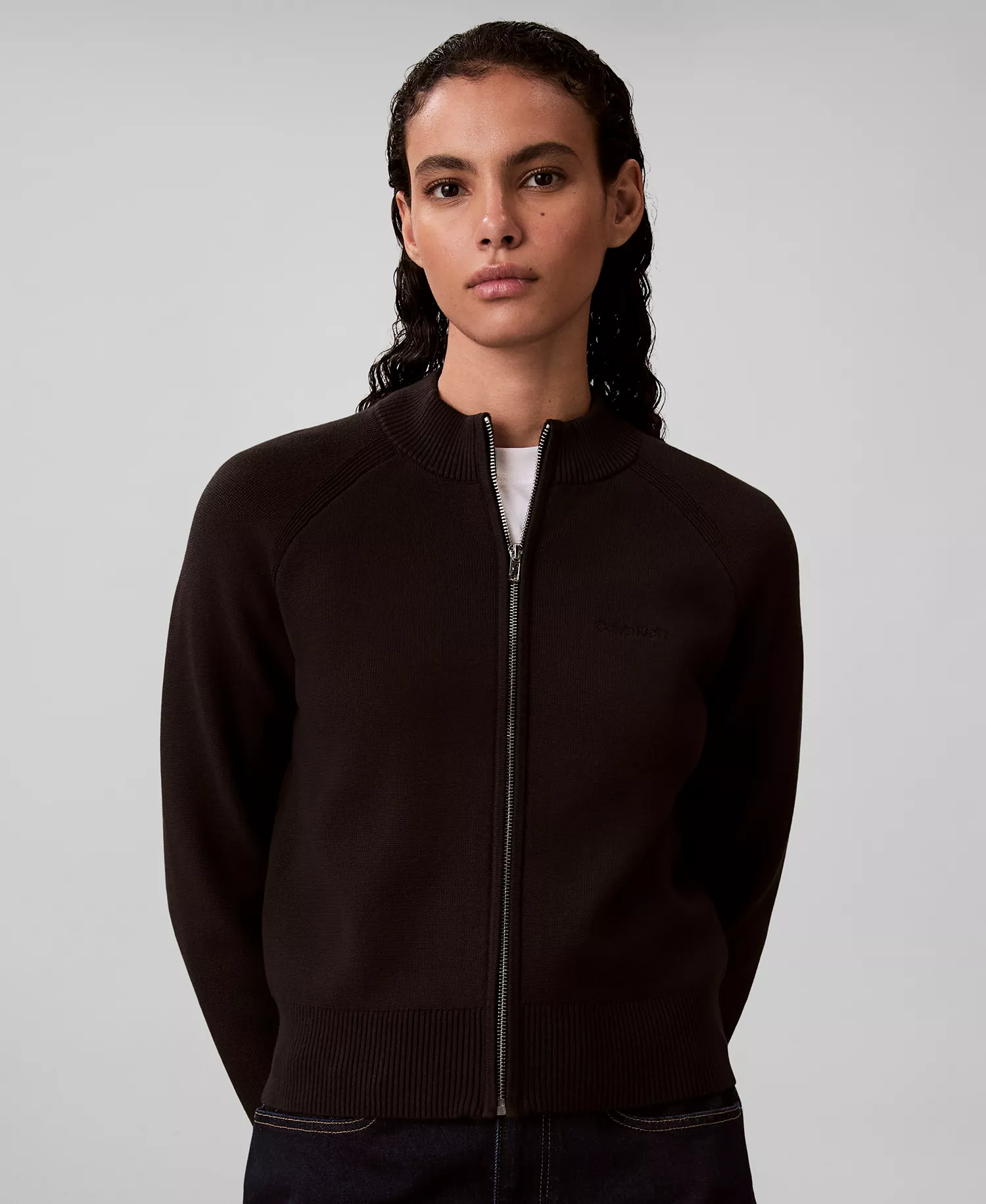 Women's Technical Long Sleeve Mock Neck Cardigan Sweater - Black - M