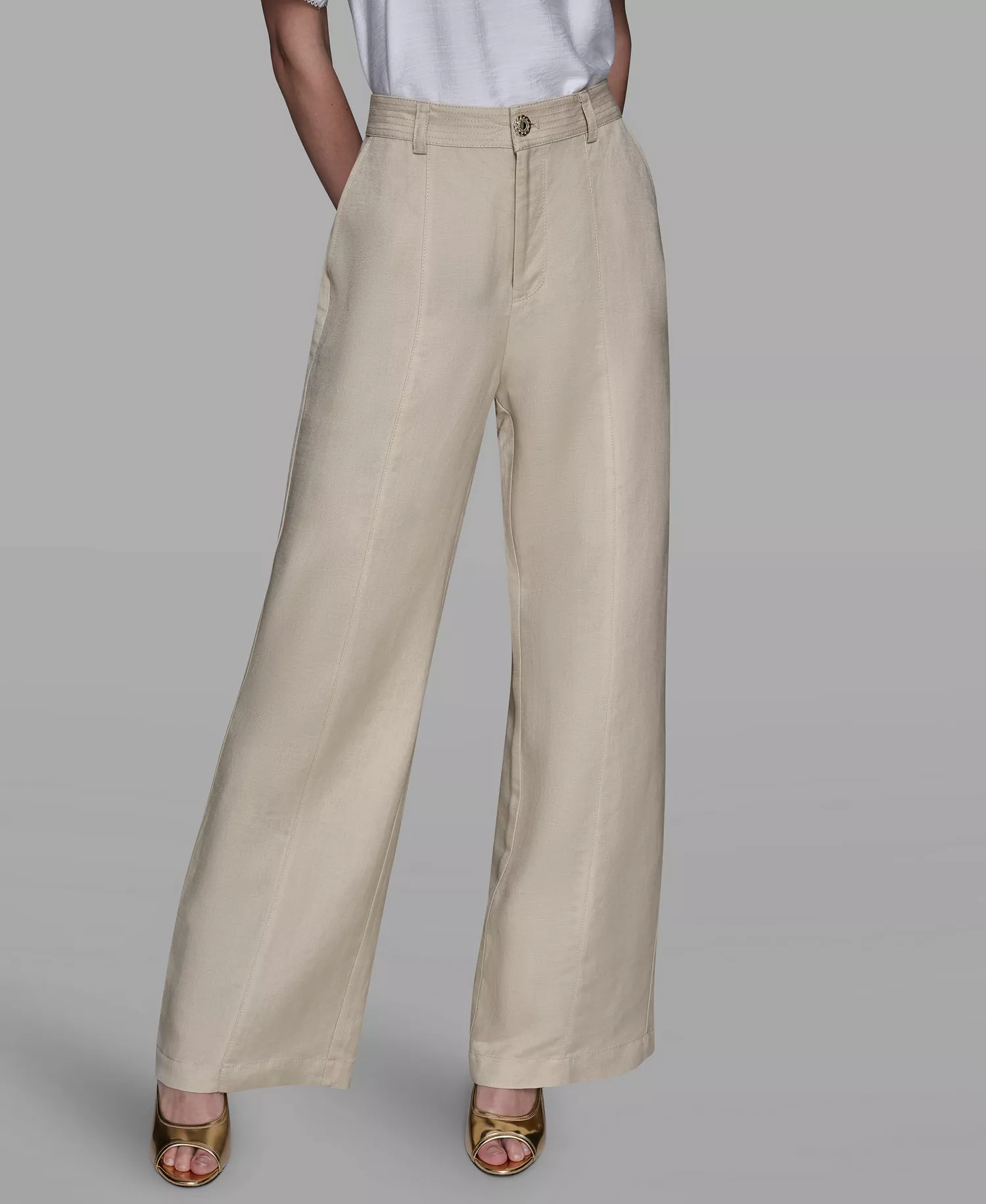Women's Linen-Blend Straight Pocket Detail Pants - Desert Sand Multi - 10