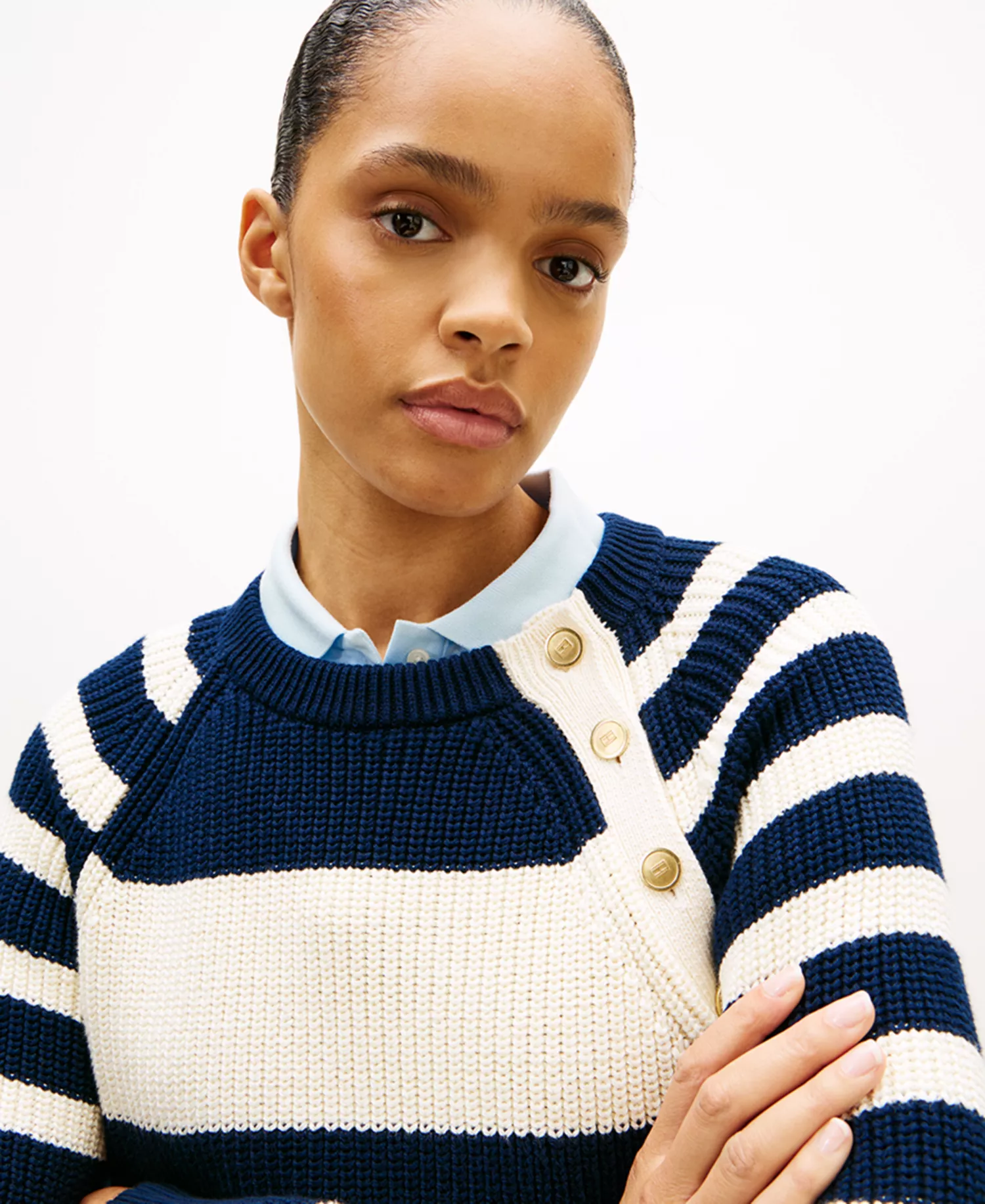Women's Gold-Tone Button Utility Crew Neck Sweater - Blue/white - L