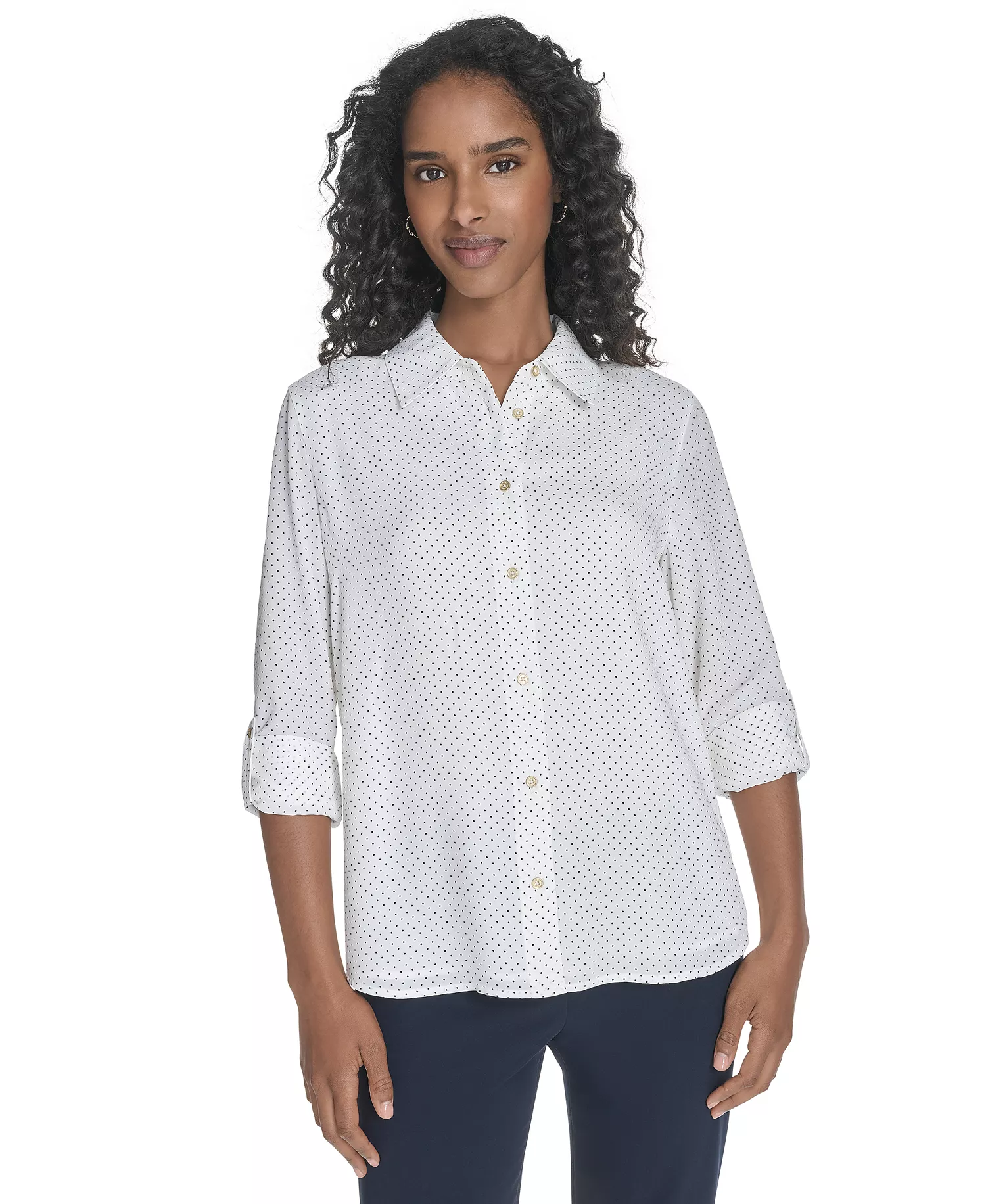 Women's Slim-Fit Pin-Dot Roll-Tab-Sleeve Shirt - Ivory/ Midnight - L