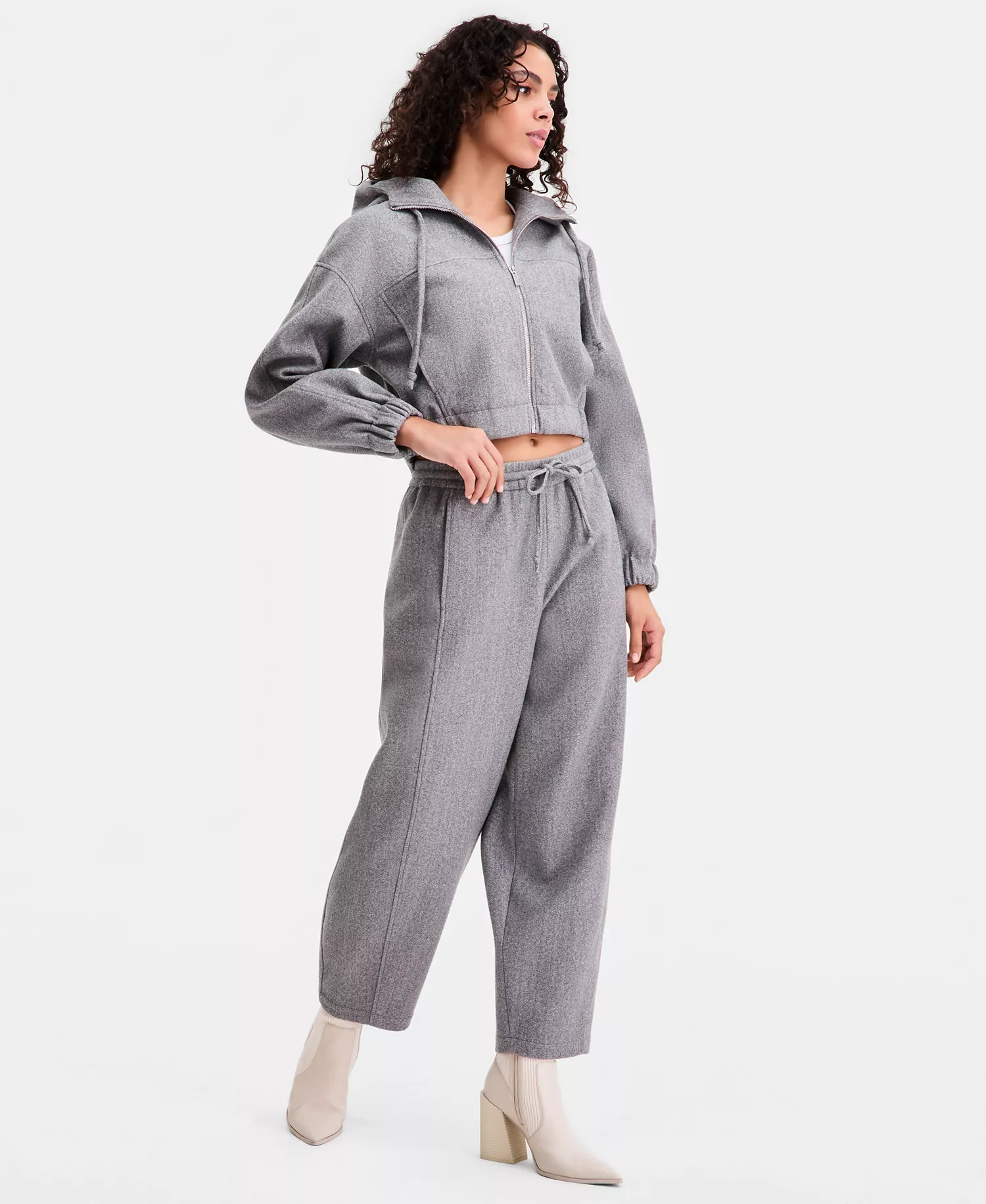 Women's Felt Barrel-Leg Drawstring Pants, Macy's Exclusive - Lt Heather Grey - L