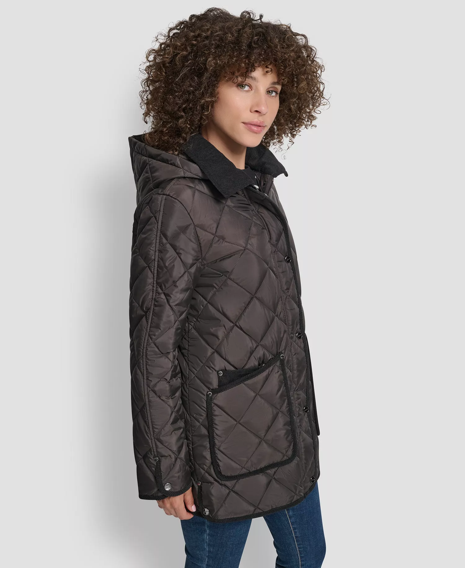 Women's Corduroy Collar Hooded Quilted Coat - Bitter - L