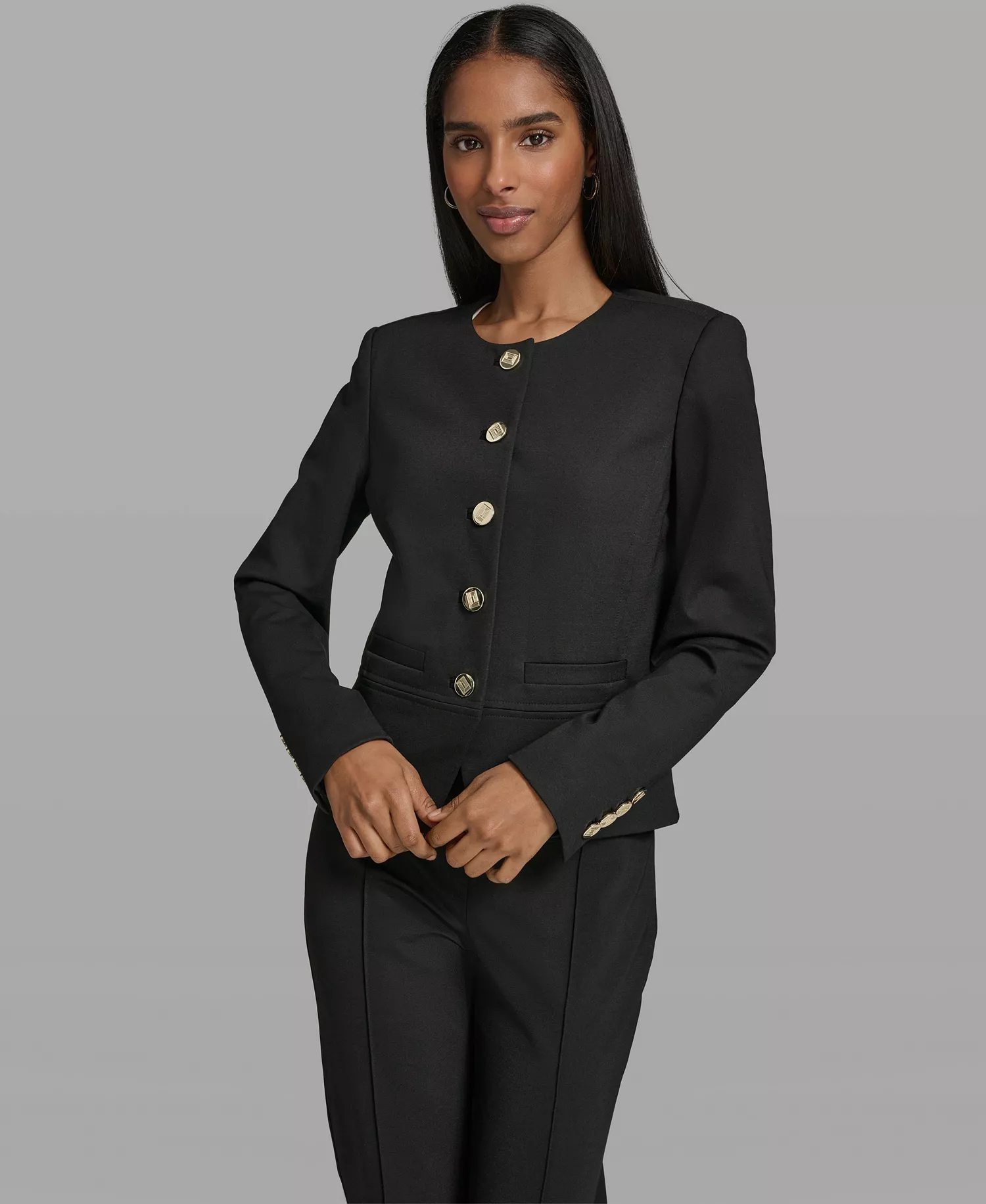 Women's Round Neck Cropped Jacket - Black - 0