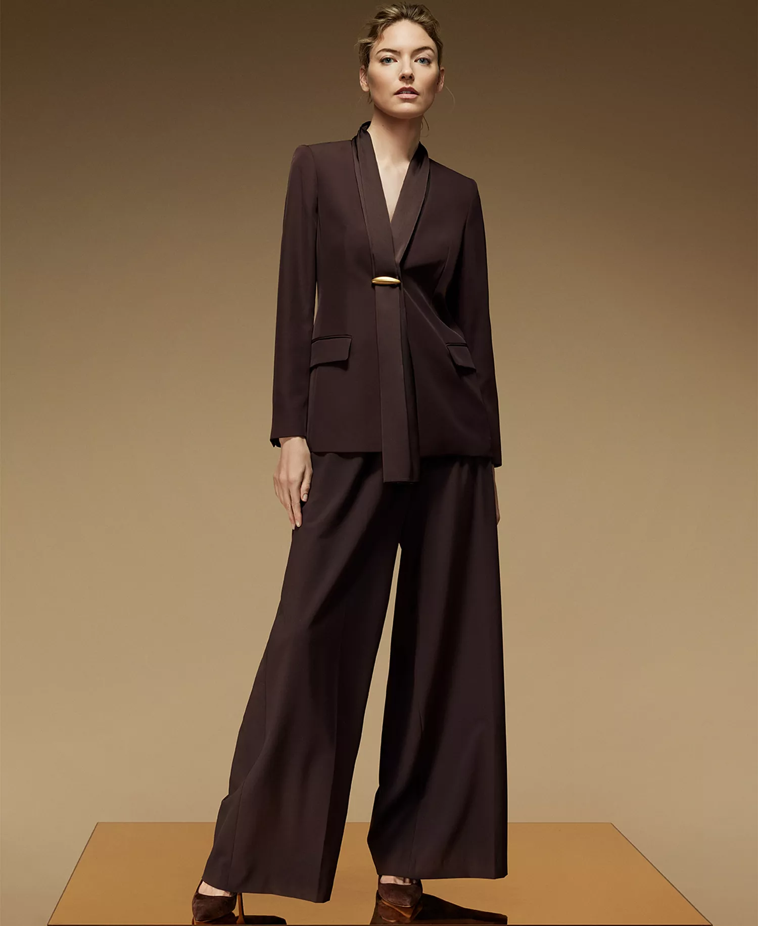 Womens Mixed Media Draped Neck Blazer, Regular & Petite - Chocolate Plum - 12P