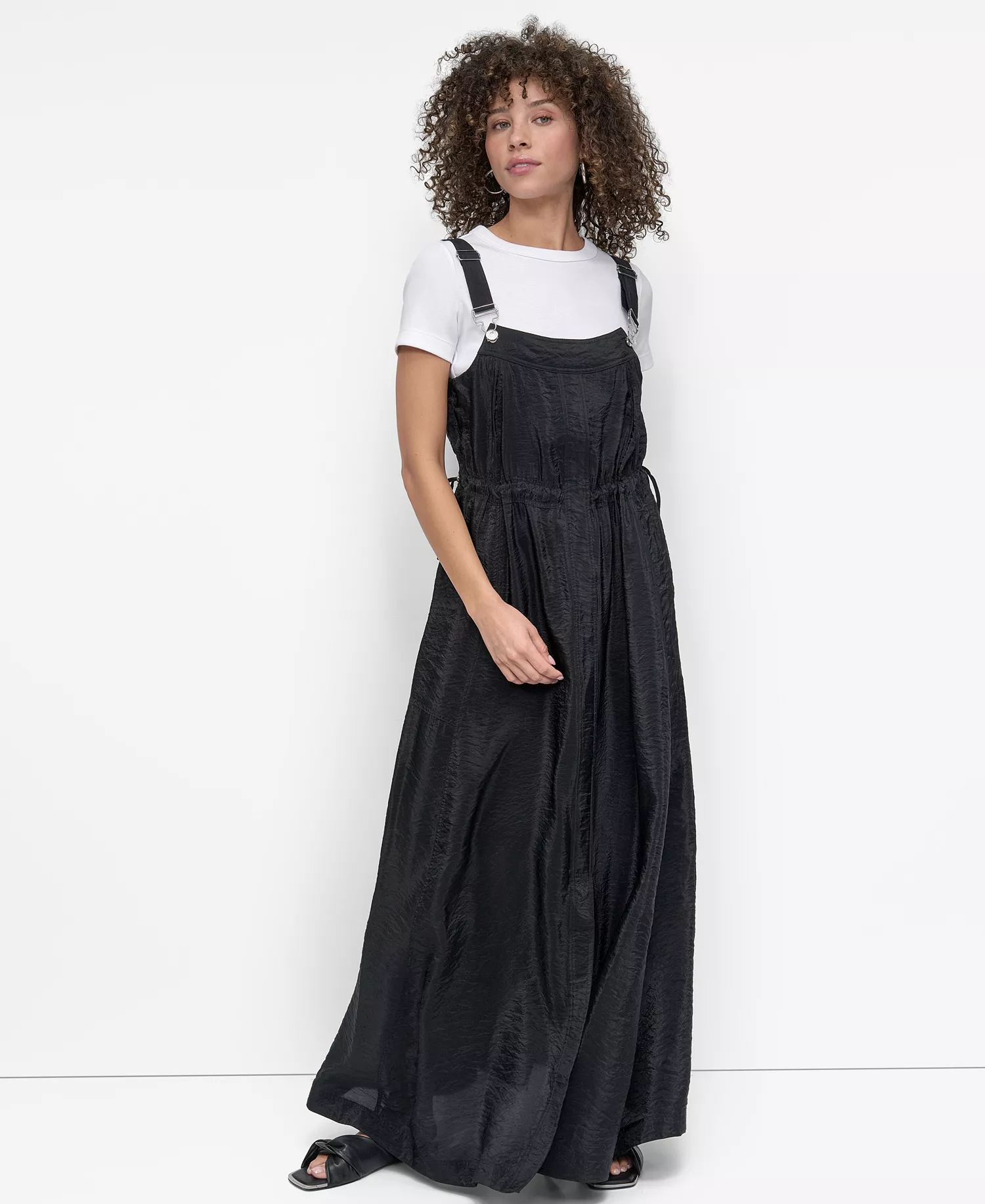 Women's Drawstring Adjustable Shoulder Overall Dress - Black - L