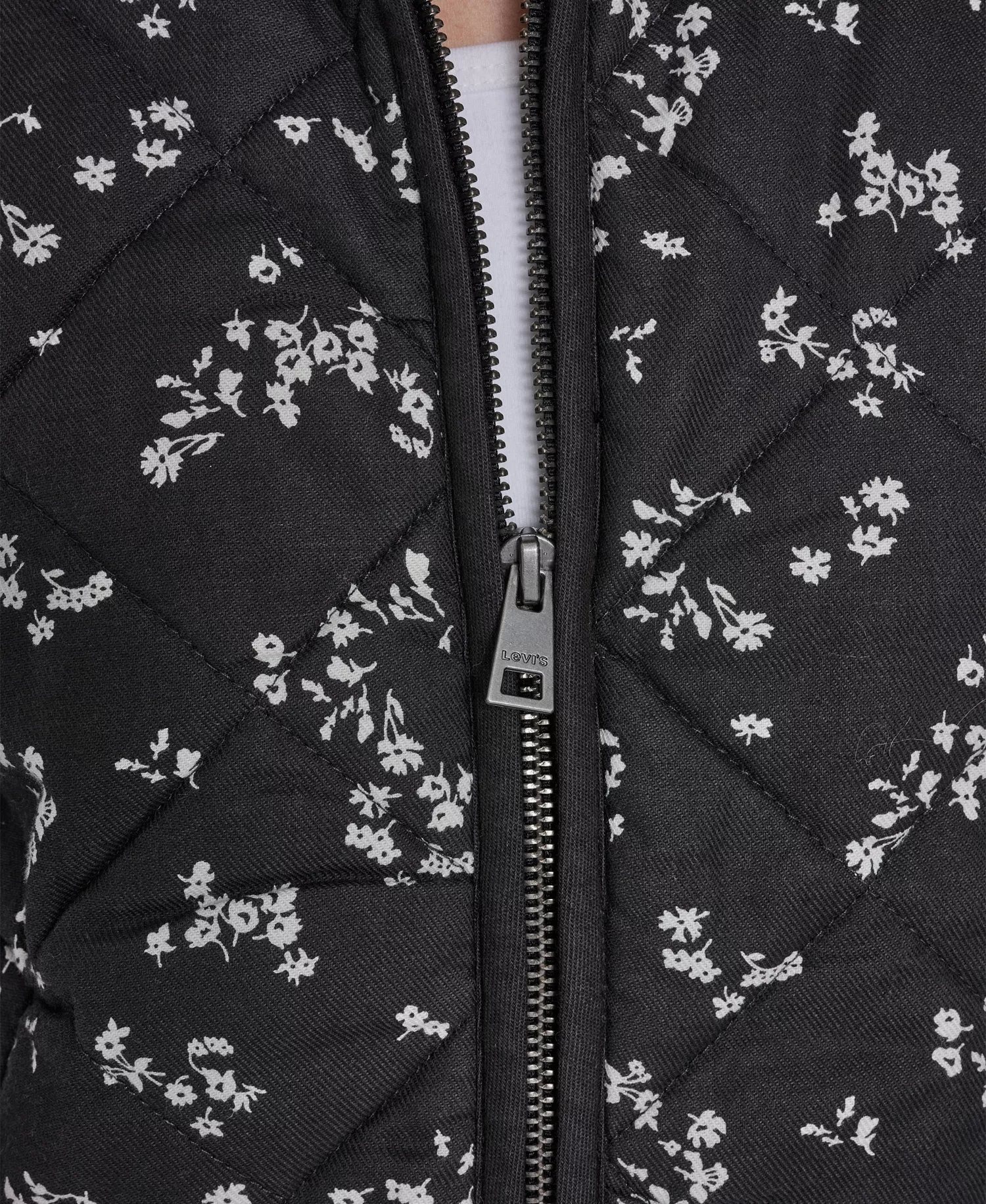 Women's Quilted Short Liner Zipper Jacket - Black / White Floral - L