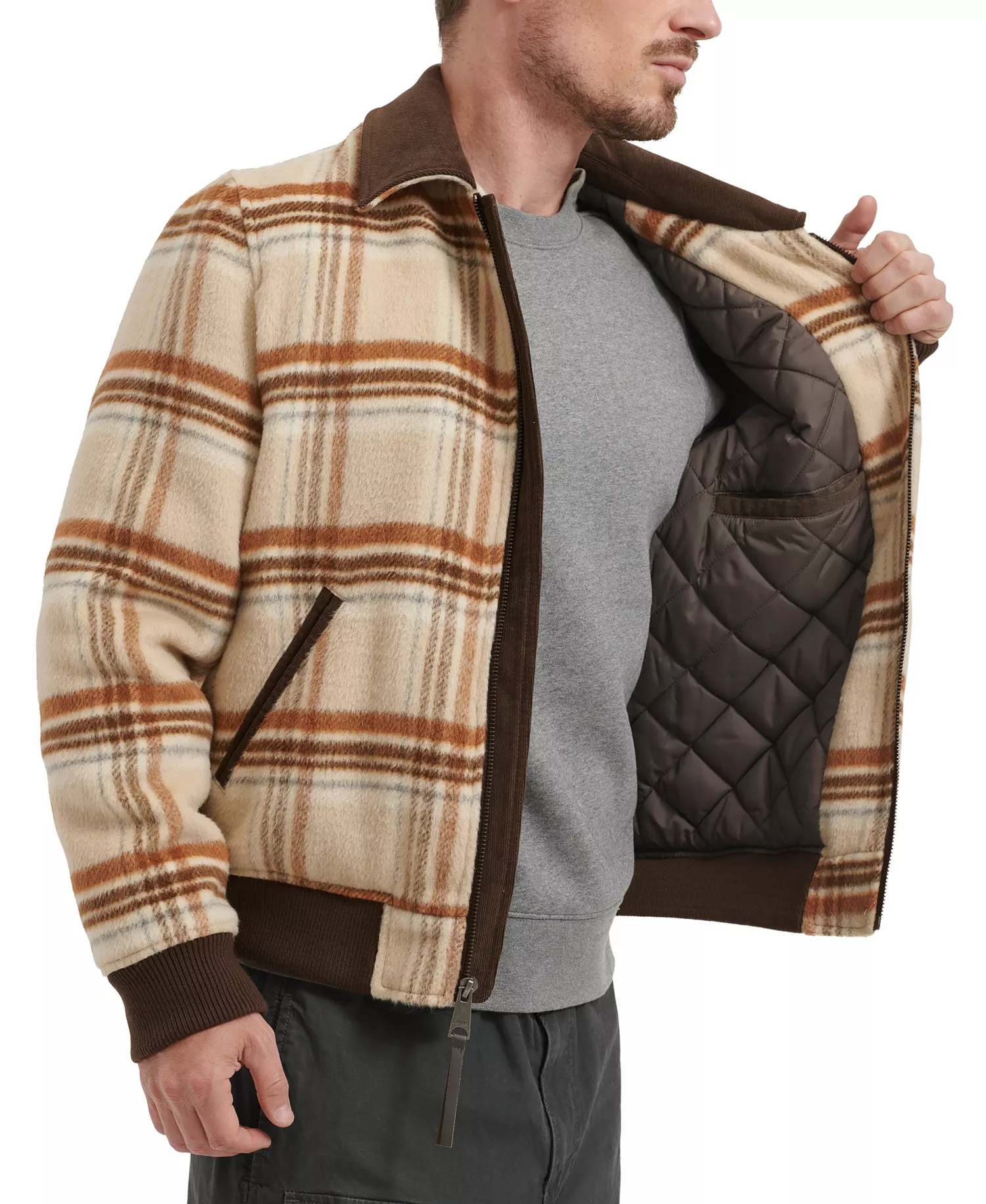 Men's Zip Corduroy-Collar Jacket - Cream Plaid - M