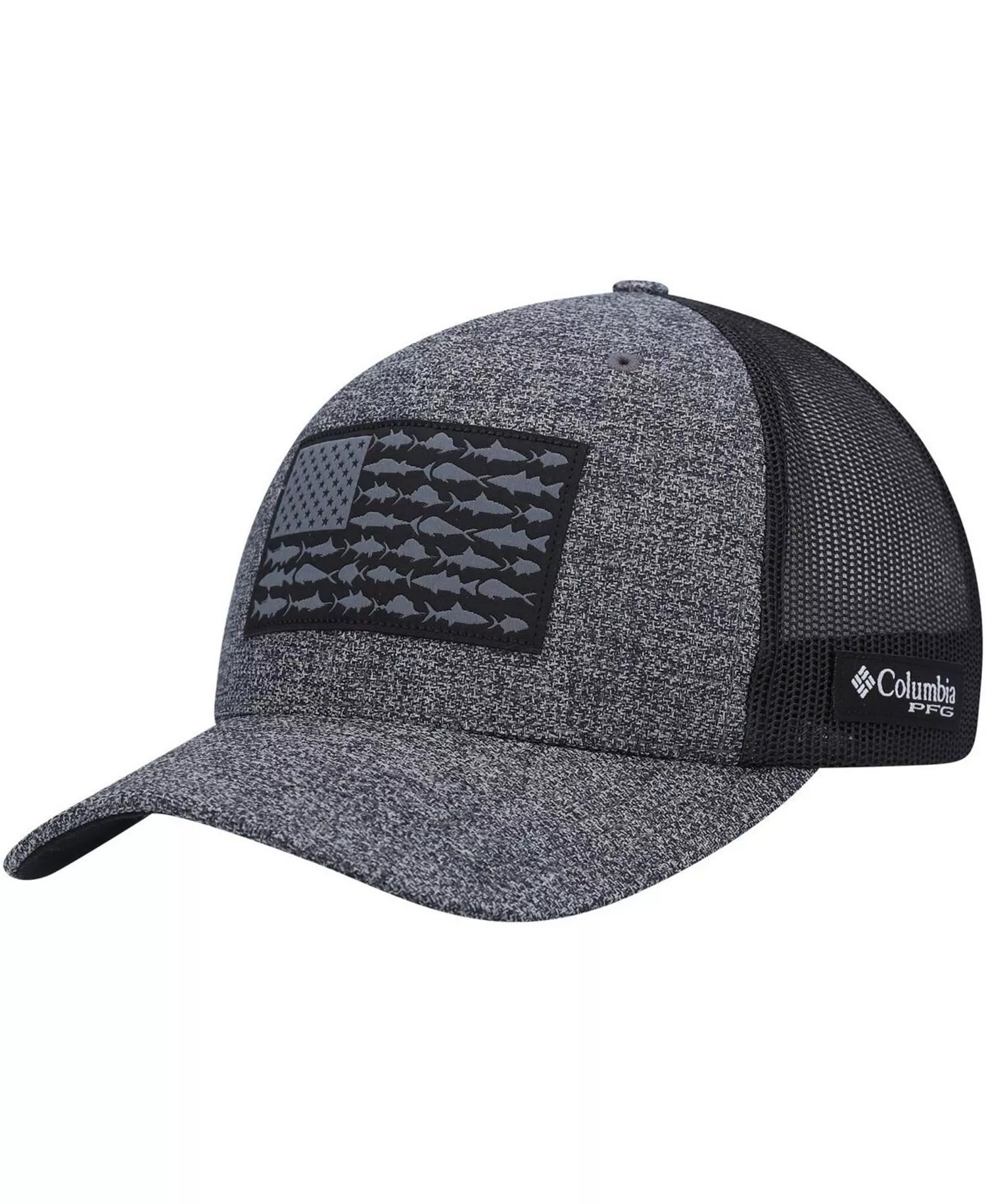 Men's Heathered Charcoal, Black PFG Fish Flag COOLMAX Trucker Snapback Hat - Heathered Charcoal, Black - One Size Fits All