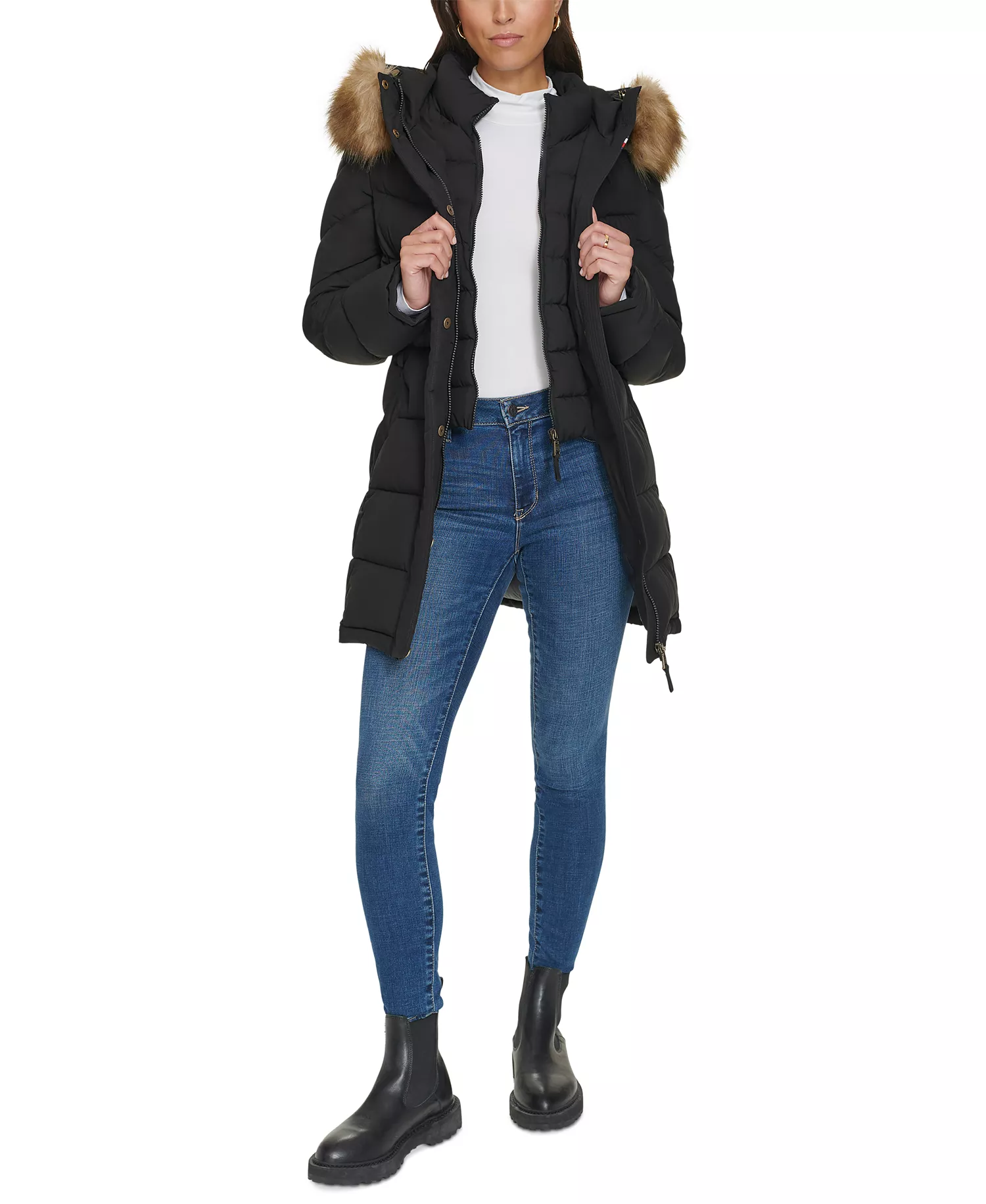 Women's Faux-Fur-Trim Hooded Puffer Coat, Created for Macy's - Black - L