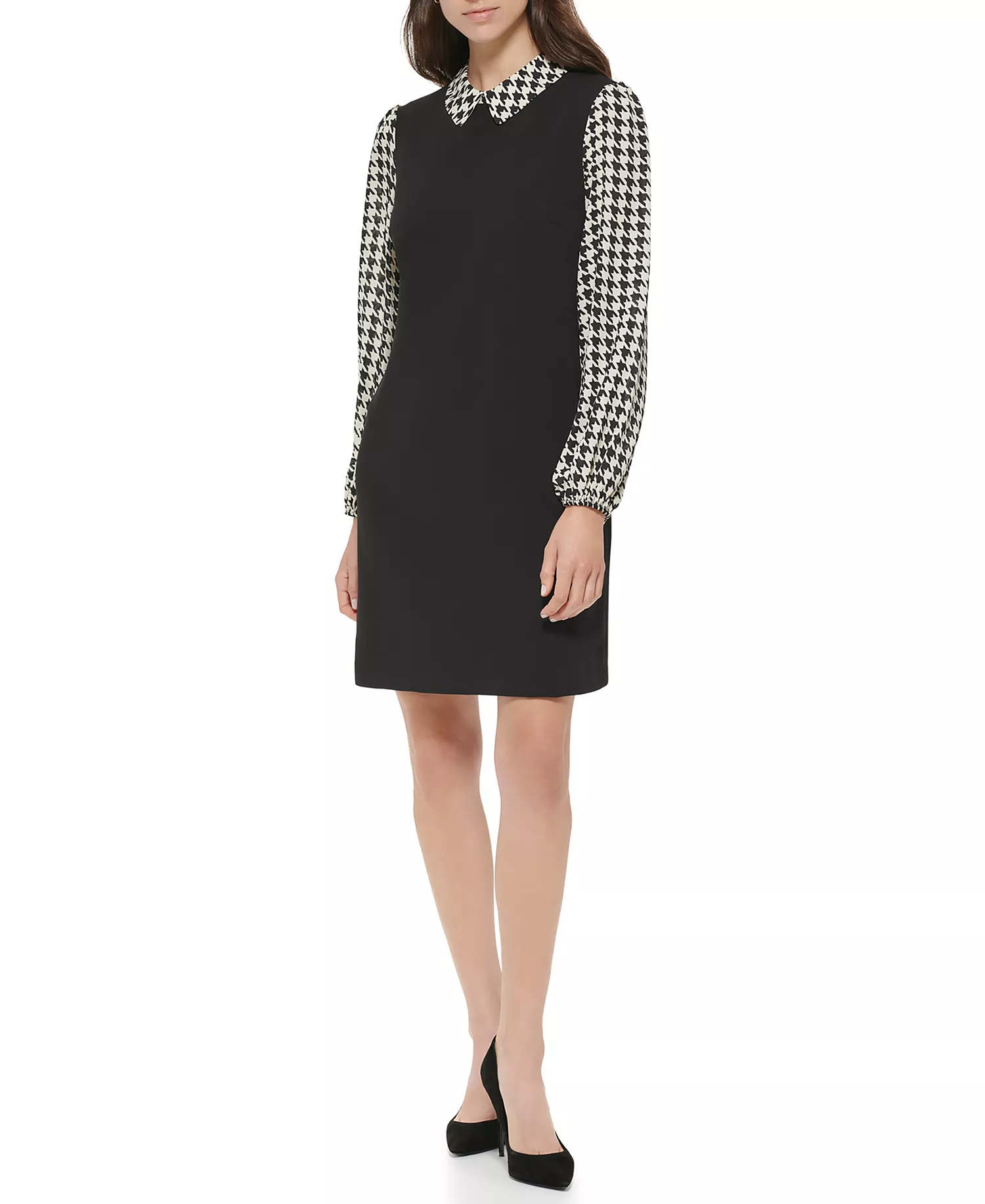 Women's Collared Long-Sleeve Shift Dress - Black, White - 6