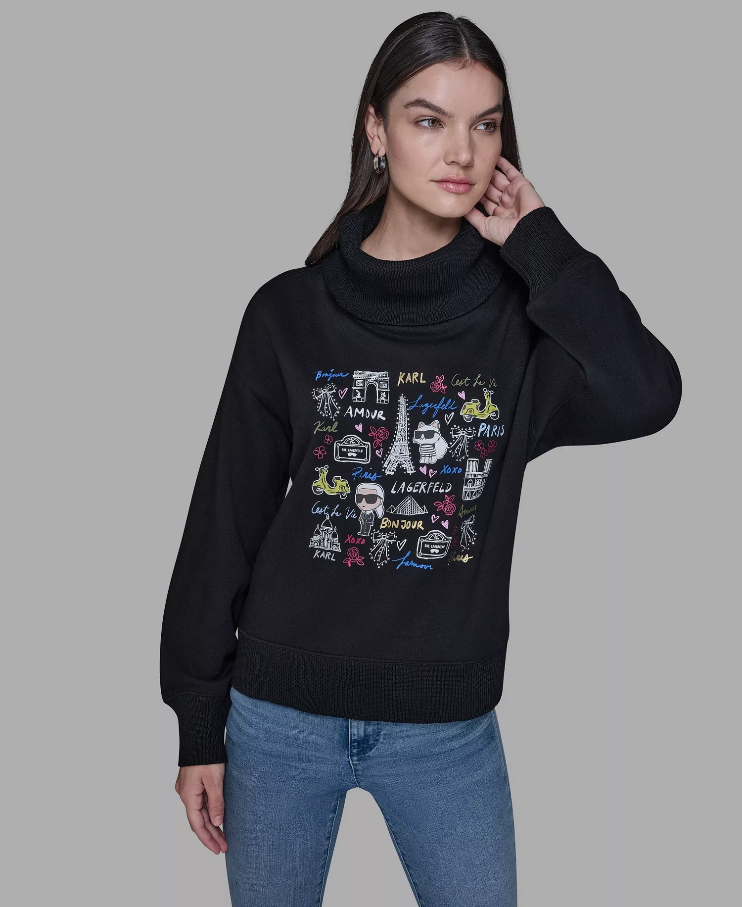 Women's Turtleneck Printed Sweater - Black - L